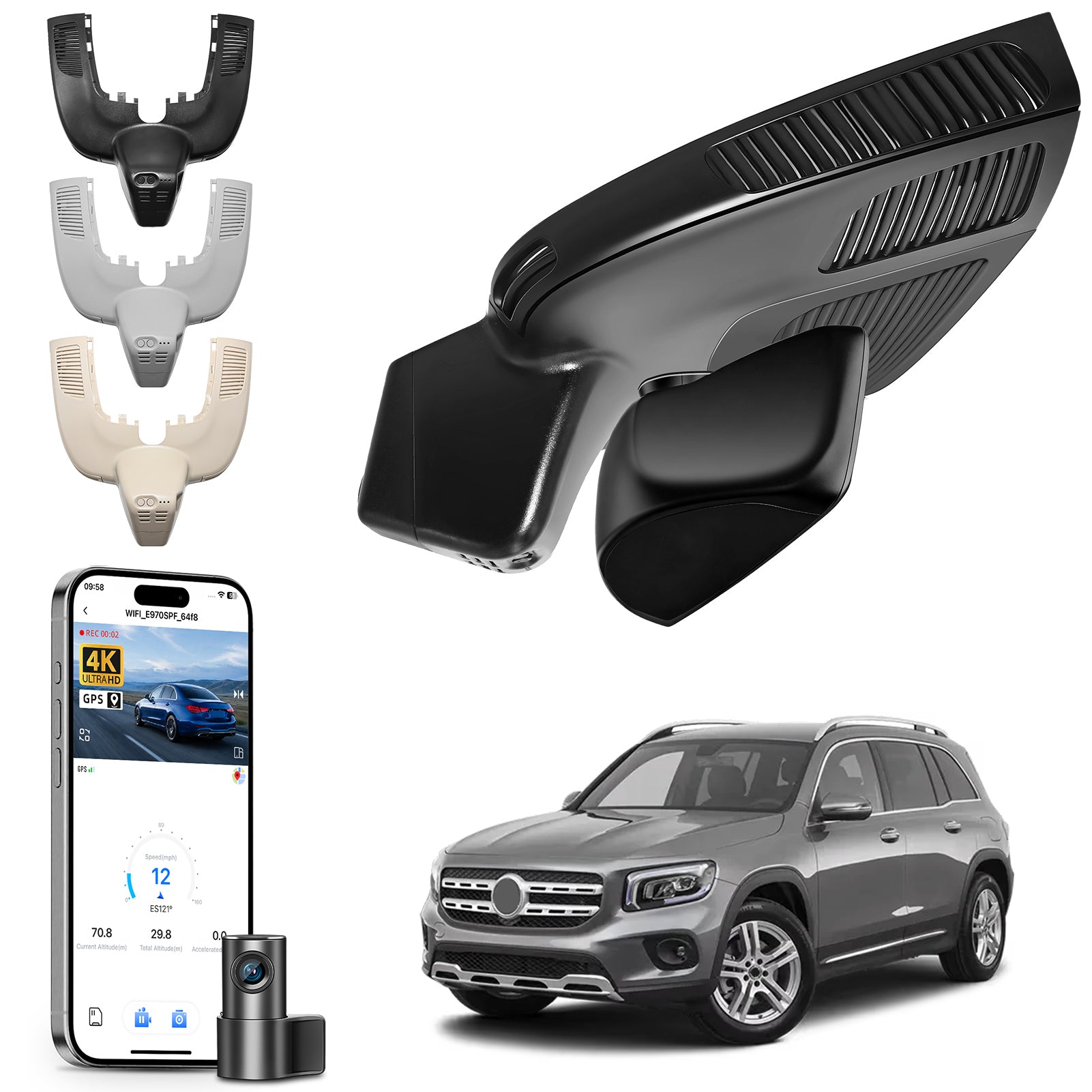Mangoal 2 channel dash cam with STARVIS sensor, features smartphone app control, front 4K UHD and rear Full HD recording, GPS tracking, and Mercedes-Benz GLE in the background.