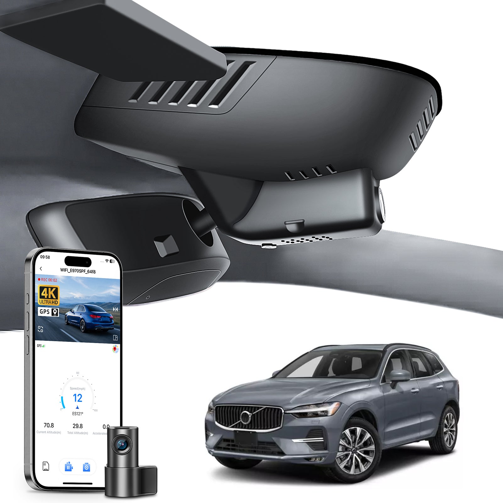 Mangoal 2 channel dash cam with STARVIS sensor, features smartphone app control, front 4K UHD and rear Full HD recording, GPS tracking, and Volvo XC60 in the background.