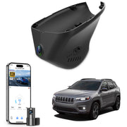 2 channel dash cam with dual STARVIS 2, features smartphone app control, 4K Ultra HD recording, GPS tracking, and Jeep Cherokee models in the background.