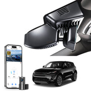 2 channel dash cam with dual STARVIS 2, features smartphone app control, 4K Ultra HD recording, GPS tracking, and Land Rover Range Rover Evoque models in the background. 