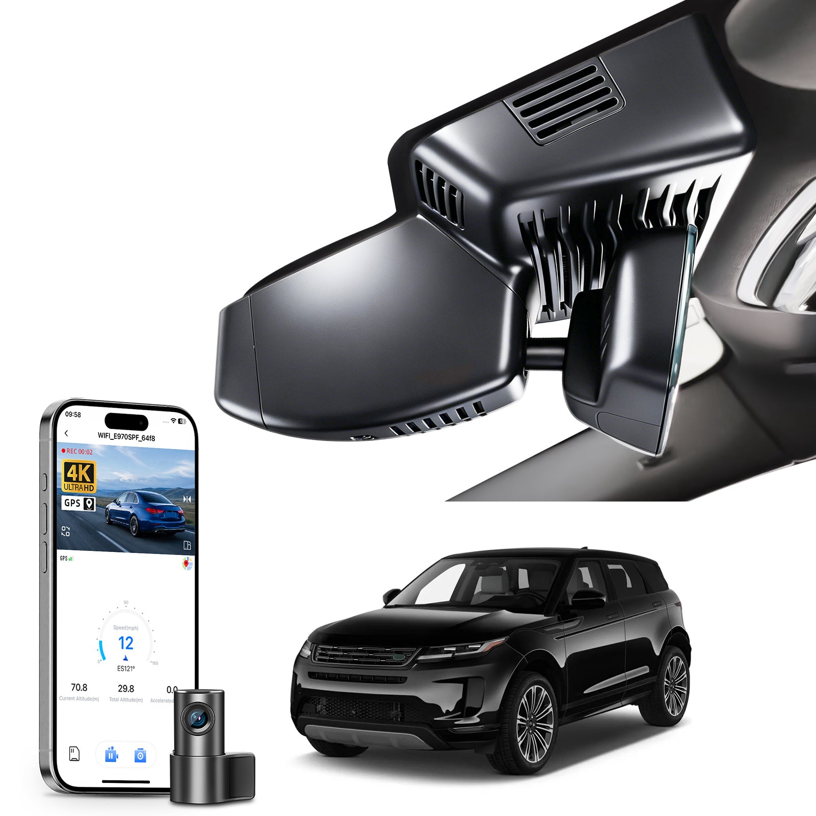2 channel dash cam with dual STARVIS 2, features smartphone app control, 4K Ultra HD recording, GPS tracking, and Land Rover Range Rover Evoque models in the background. 