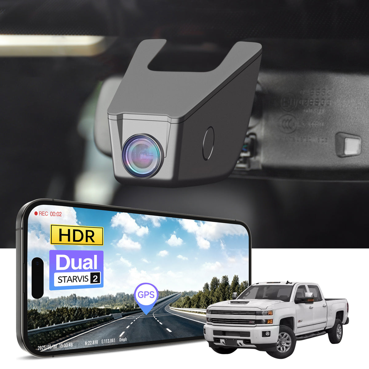 Car backup camera with smartphone app control, 4K Ultra HD recording, GPS tracking, and Chevy Silverado pickup truck models in the background.