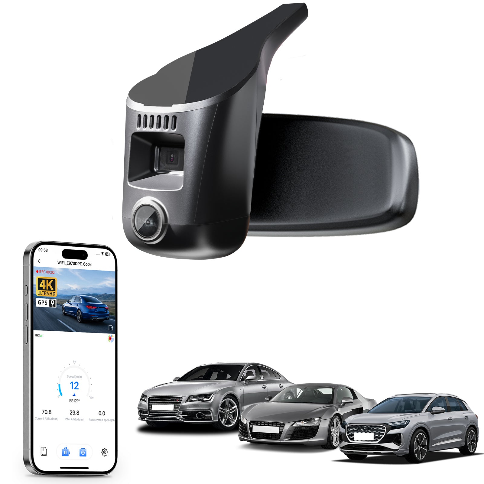 Mangoal rearview mirror built-in dash cam with smartphone app control, 4K Ultra HD recording, GPS tracking, and Audi Black models in the background.