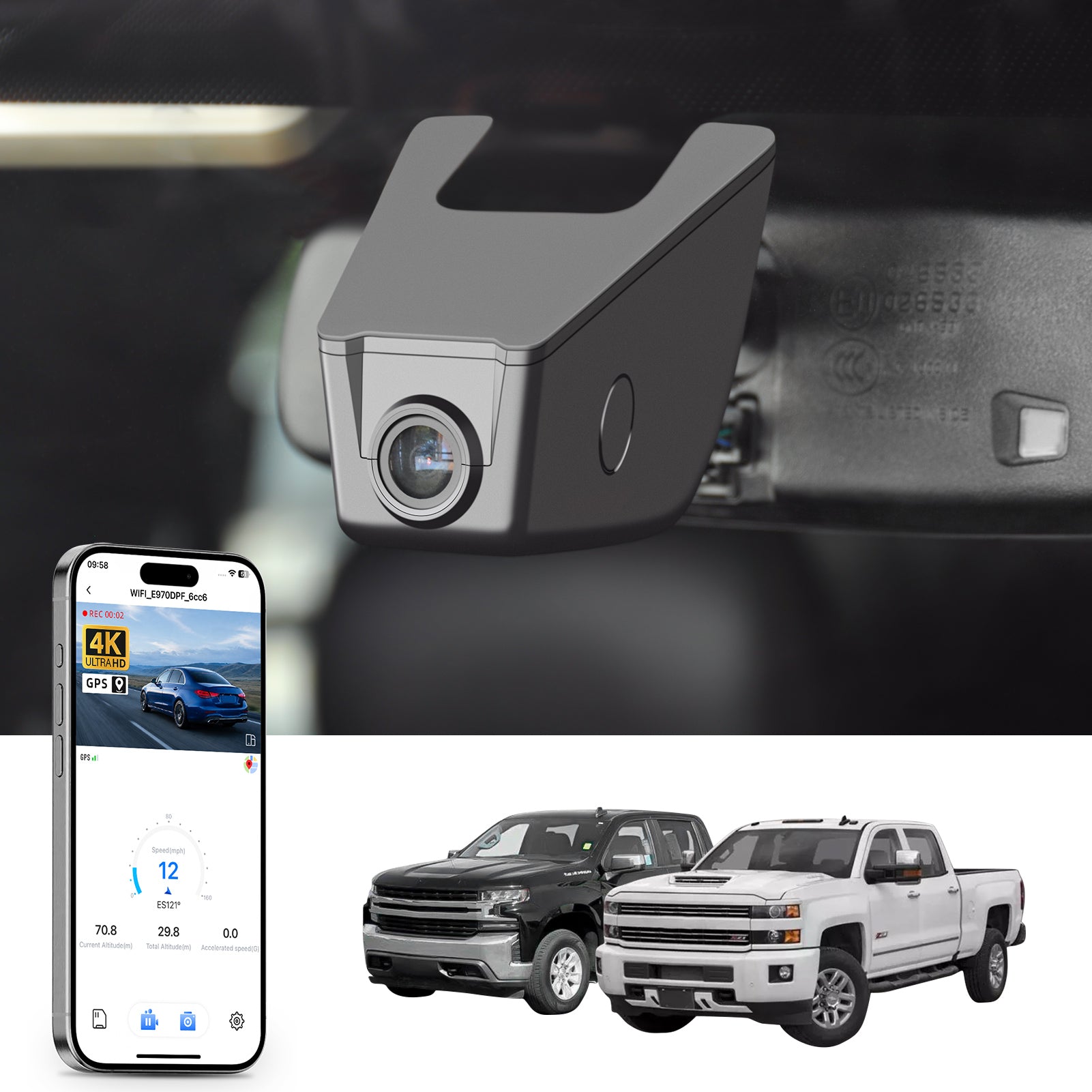 Mangoal rearview mirror built-in dash cam with smartphone app control, 4K Ultra HD recording, GPS tracking, and Chevy Silverado models in the background.