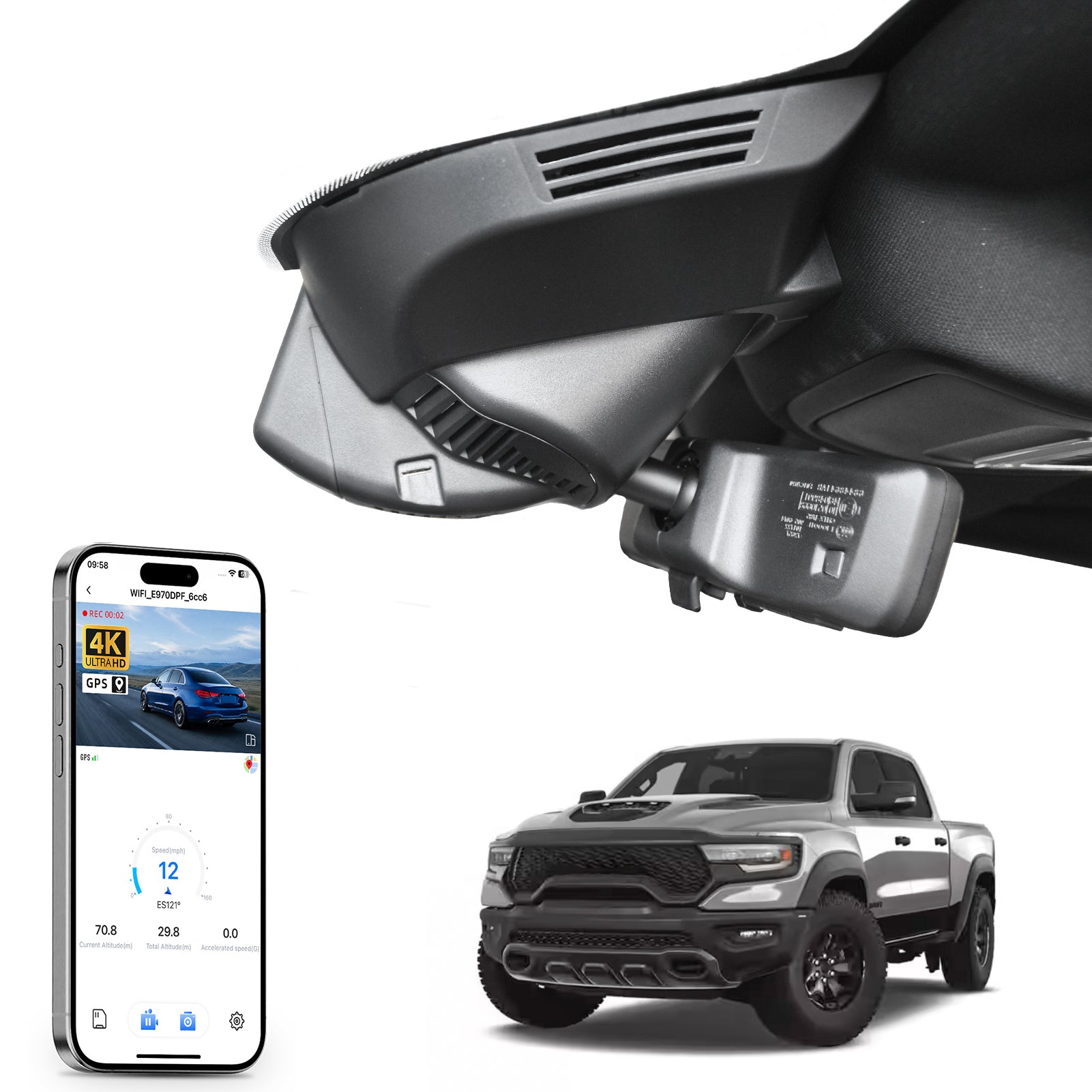 Mangoal rearview mirror built-in dash cam with smartphone app control, 4K Ultra HD recording, GPS tracking, and Dodge RAM models in the background.