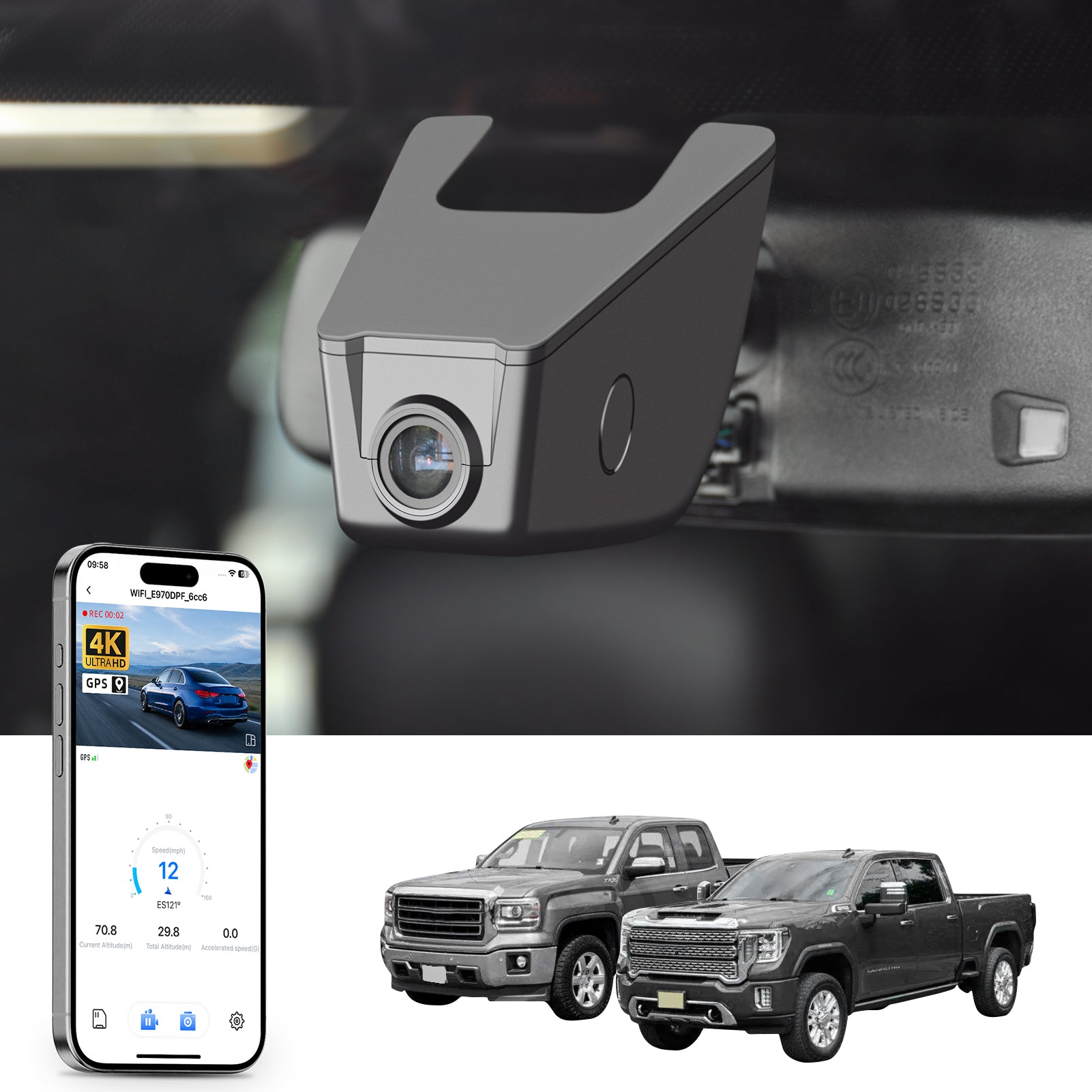 Mangoal rearview mirror built-in dash cam with smartphone app control, 4K Ultra HD recording, GPS tracking, and GMC Sierra models in the background.
