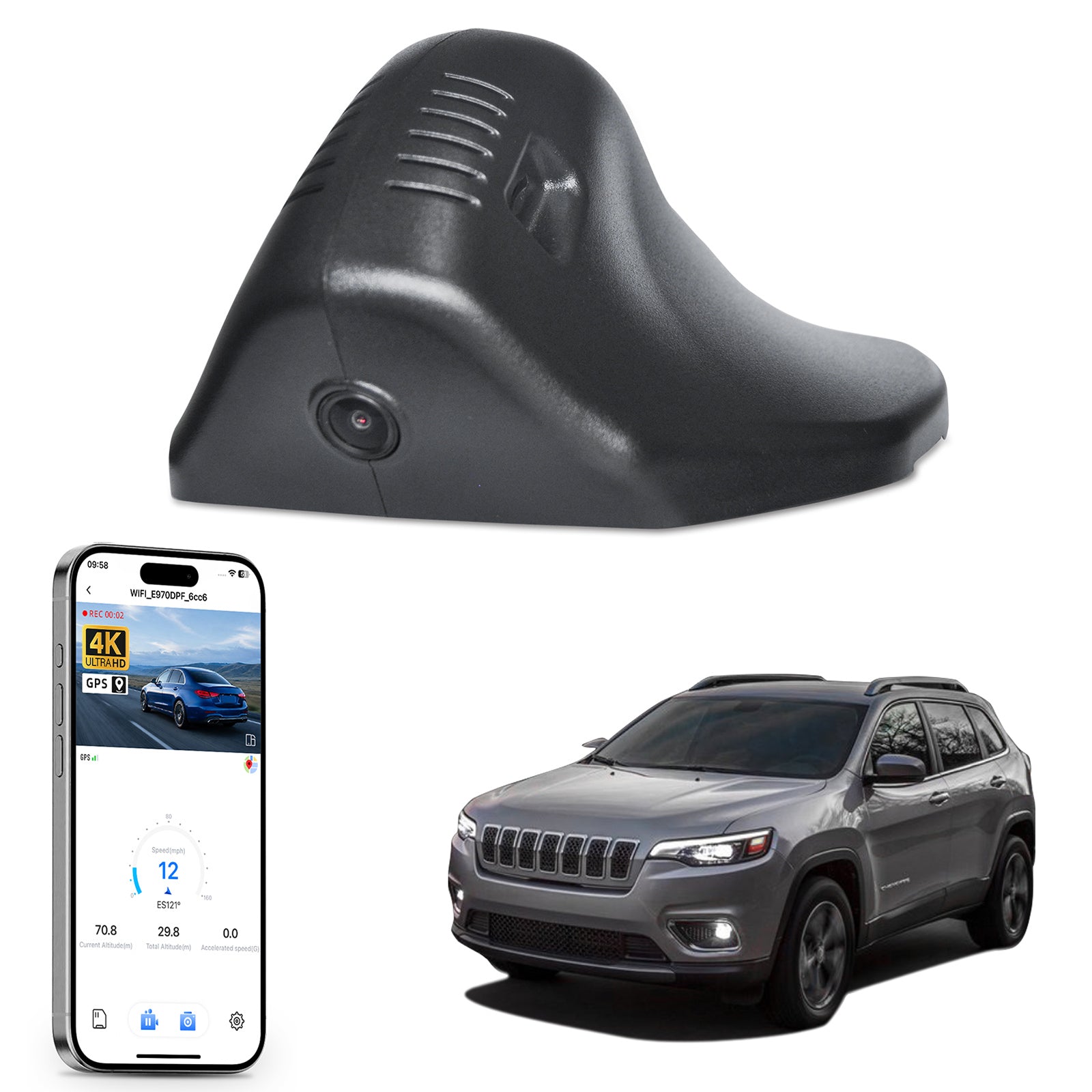 Mangoal rearview mirror built-in dash cam with smartphone app control, 4K Ultra HD recording, GPS tracking, and Jeep Cherokee models in the background.