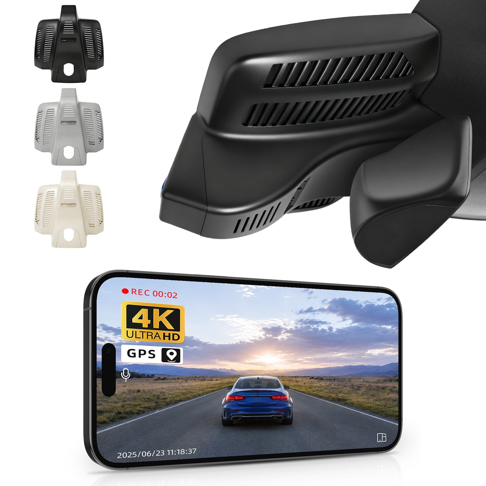 Mangoal rearview mirror built-in dash cam with smartphone app control, 4K Ultra HD recording, GPS tracking, and Mercedes-Benz E-Class models in the background.