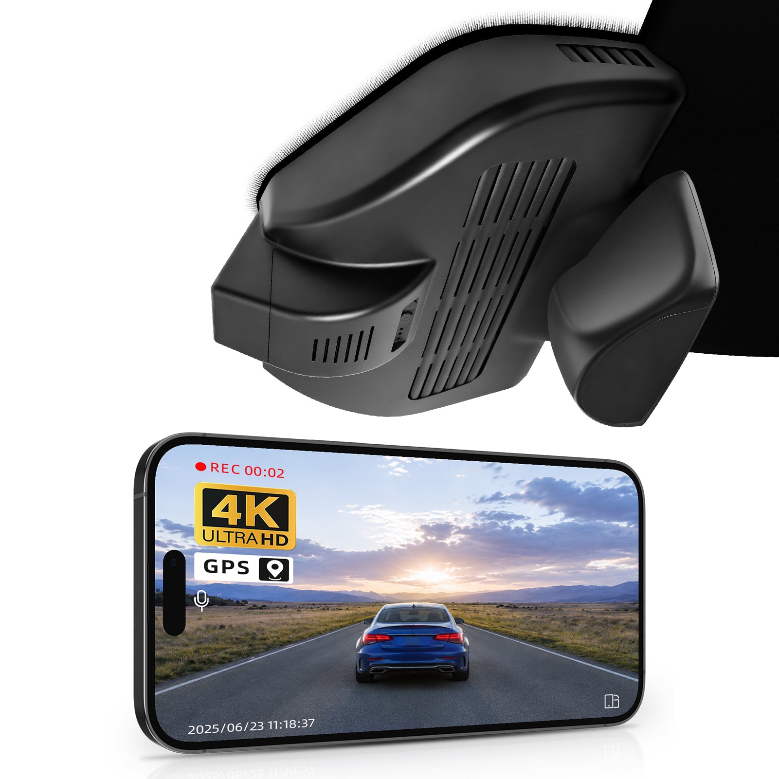 Mangoal rearview mirror built-in dash cam with smartphone app control, 4K Ultra HD recording, GPS tracking, and Mercedes-Benz GLC Gen1 models in the background.