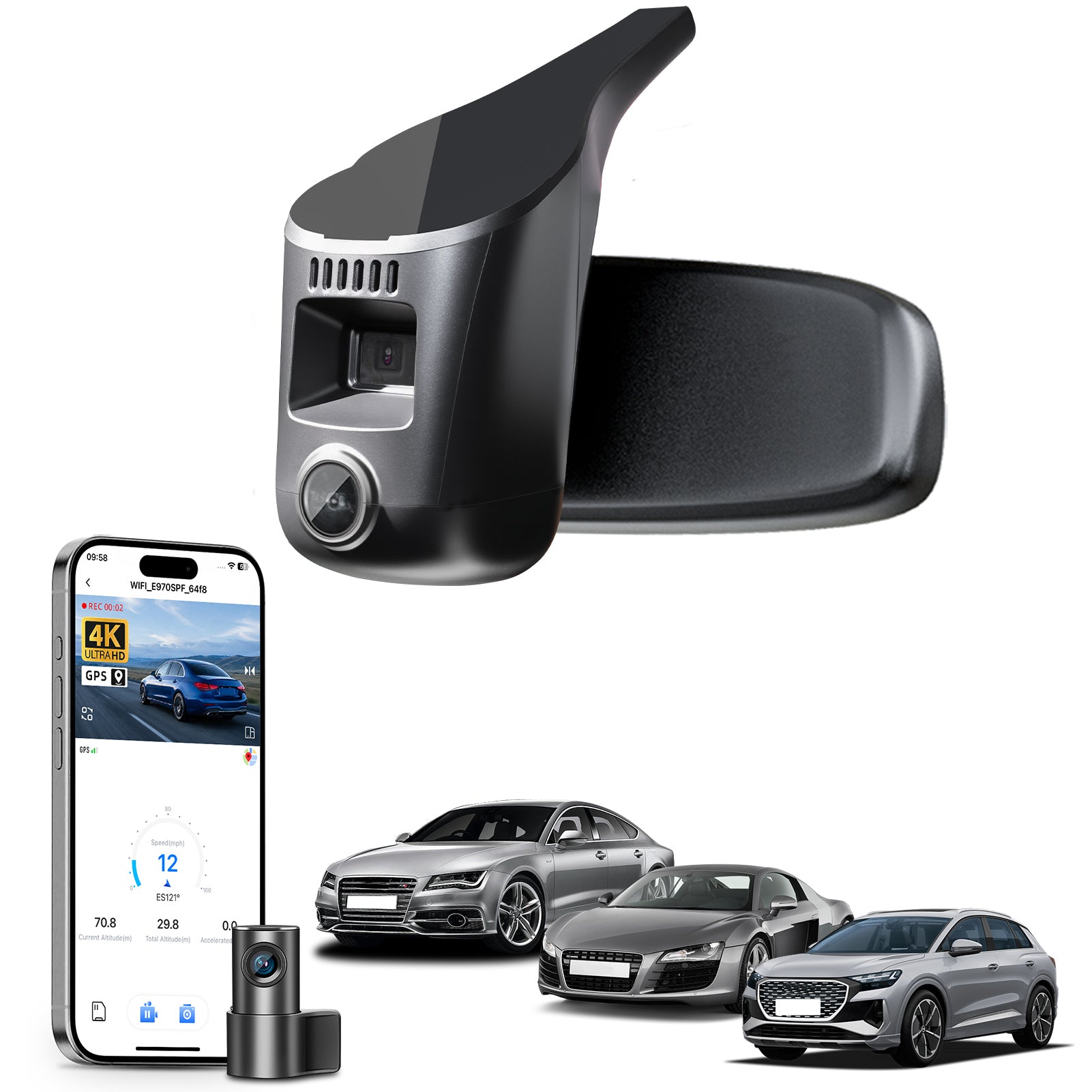 Mangoal 2 channel dash cam with STARVIS sensor, features smartphone app control, front 4K UHD and rear Full HD recording, GPS tracking, and Audi Black models in the background.