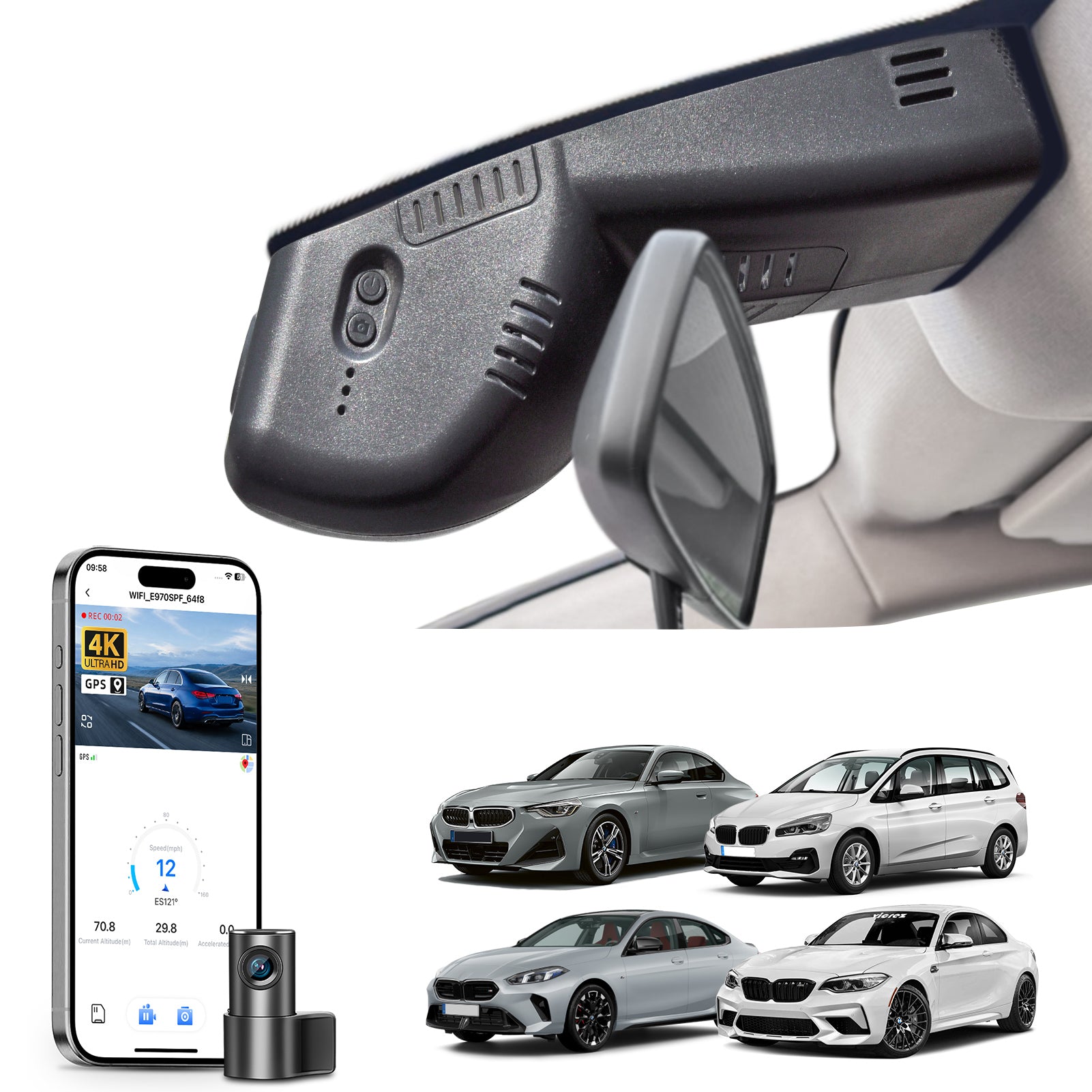 Mangoal 2 channel dash cam with STARVIS sensor, features smartphone app control, front 4K UHD and rear Full HD recording, GPS tracking, and BMW 2 Series M2 models in the background.