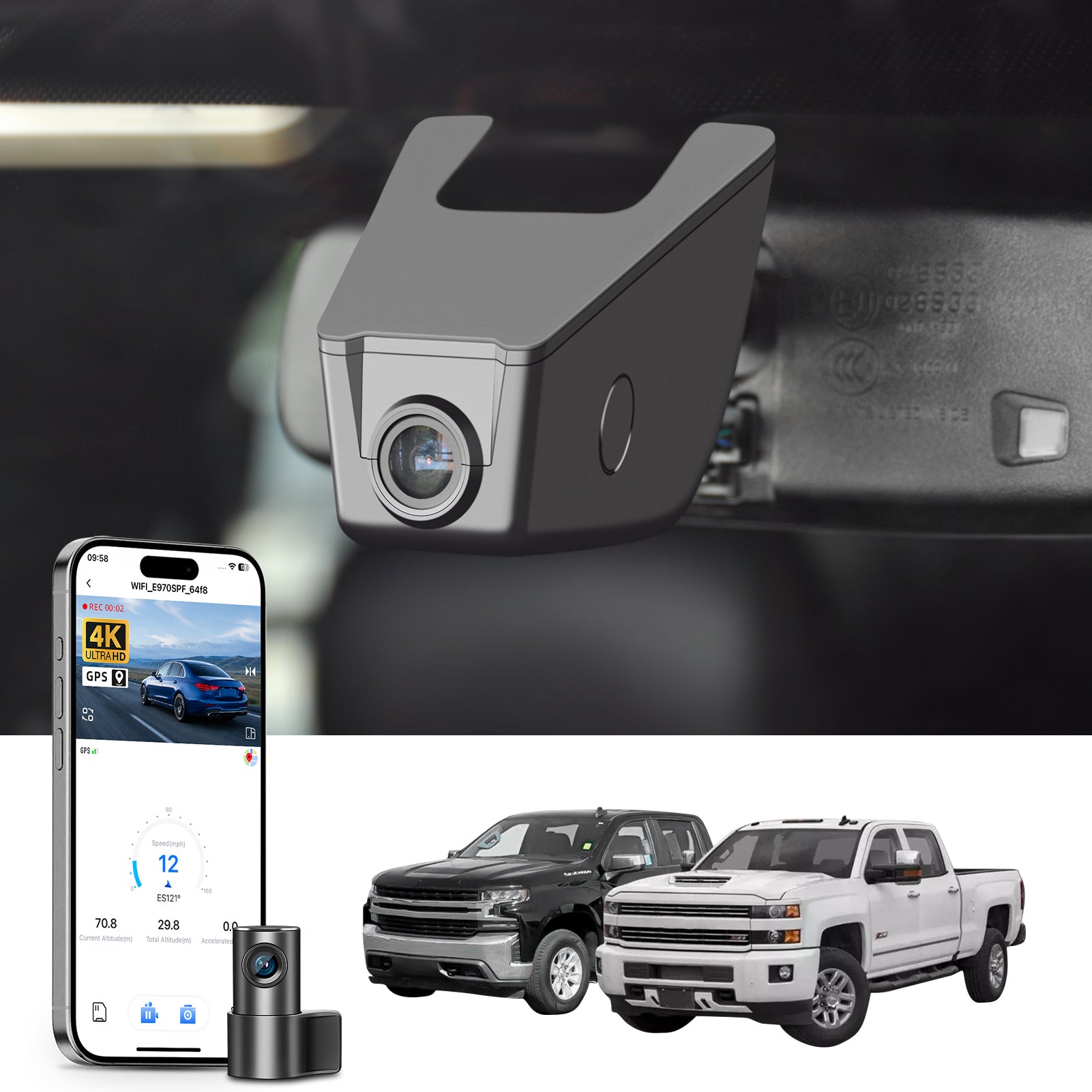 Mangoal 2 channel dash cam with STARVIS sensor, features smartphone app control, front 4K UHD and rear Full HD recording, GPS tracking, and Chevy Silverado models in the background.