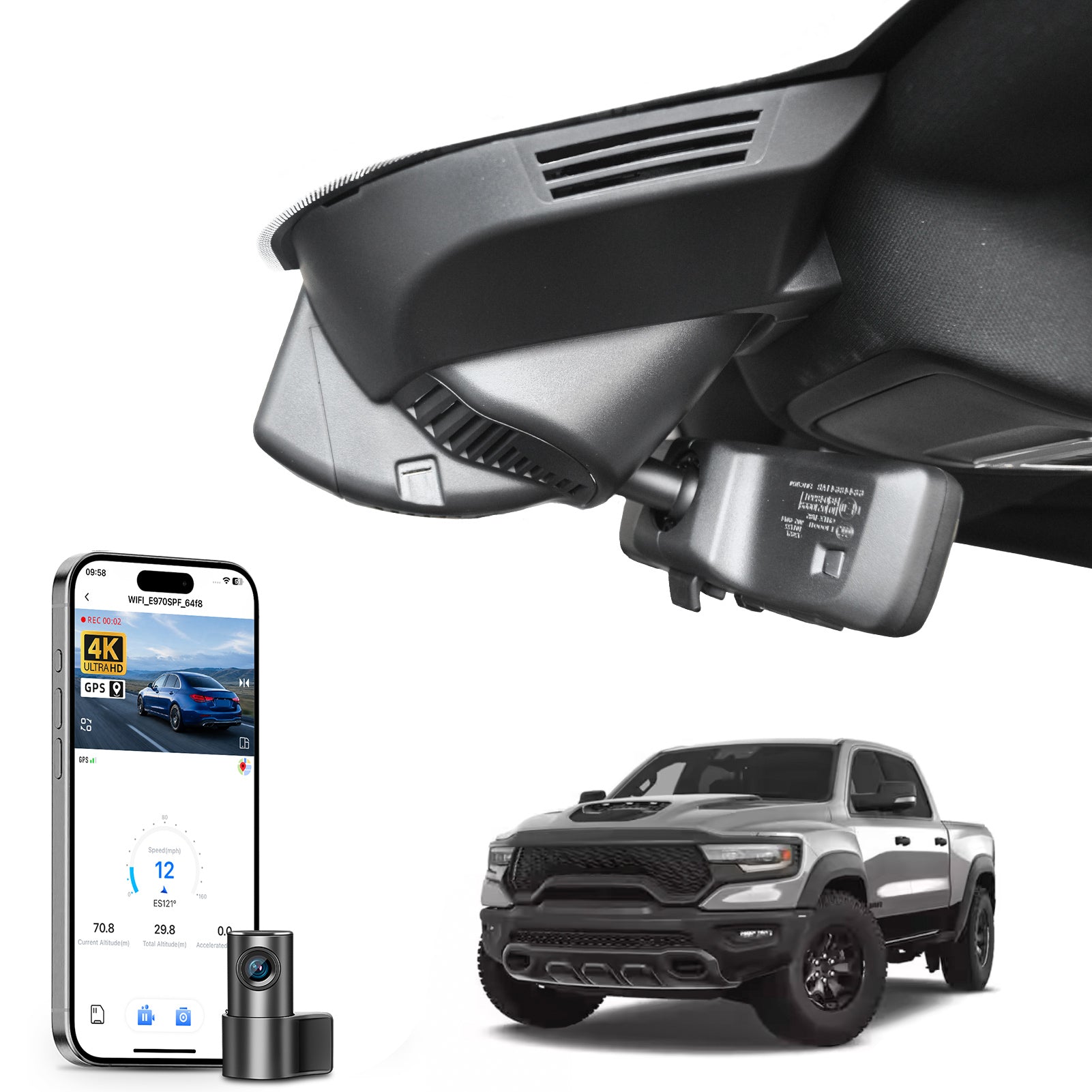 Mangoal 2 channel dash cam with STARVIS sensor, features smartphone app control, front 4K UHD and rear Full HD recording, GPS tracking, and Dodge RAM in the background.
