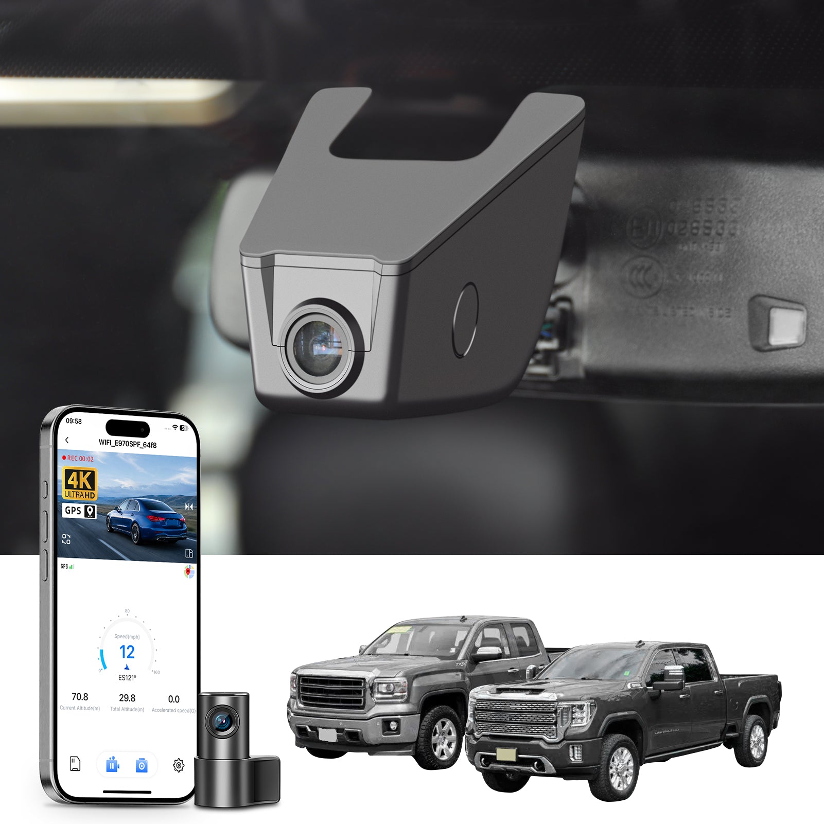Mangoal 2 channel dash cam with STARVIS sensor, features smartphone app control, front 4K UHD and rear Full HD recording, GPS tracking, and GMC Sierra models in the background.