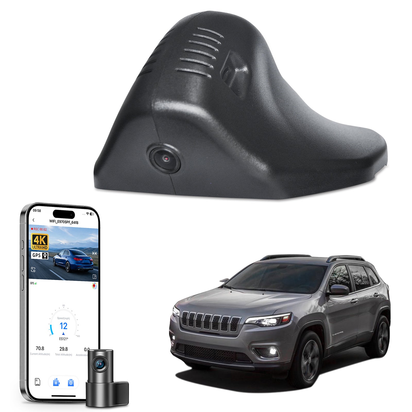 Mangoal 2 channel dash cam with STARVIS sensor, features smartphone app control, front 4K UHD and rear Full HD recording, GPS tracking, and Jeep Cherokee models in the background.