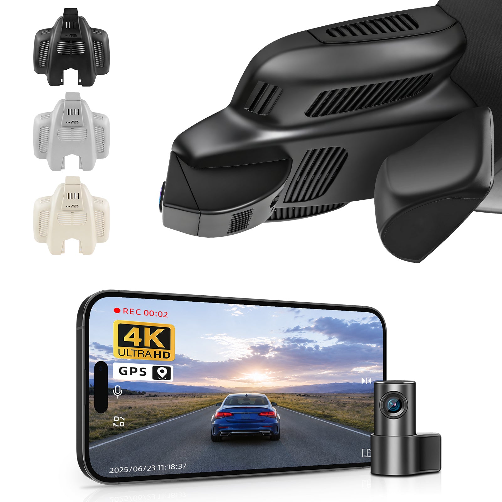 Mangoal 2 channel dash cam with STARVIS sensor, features smartphone app control, front 4K UHD and rear Full HD recording, GPS tracking, and Mercedes-Benz C-Class in the background.