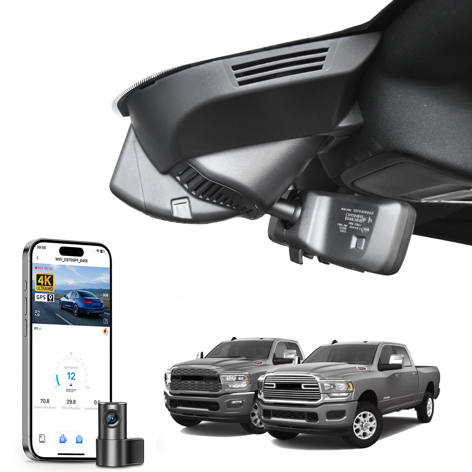 Mangoal 2 channel dash cam with STARVIS sensor, features smartphone app control, front 4K UHD and rear Full HD recording, GPS tracking, and Dodge RAM in the background.