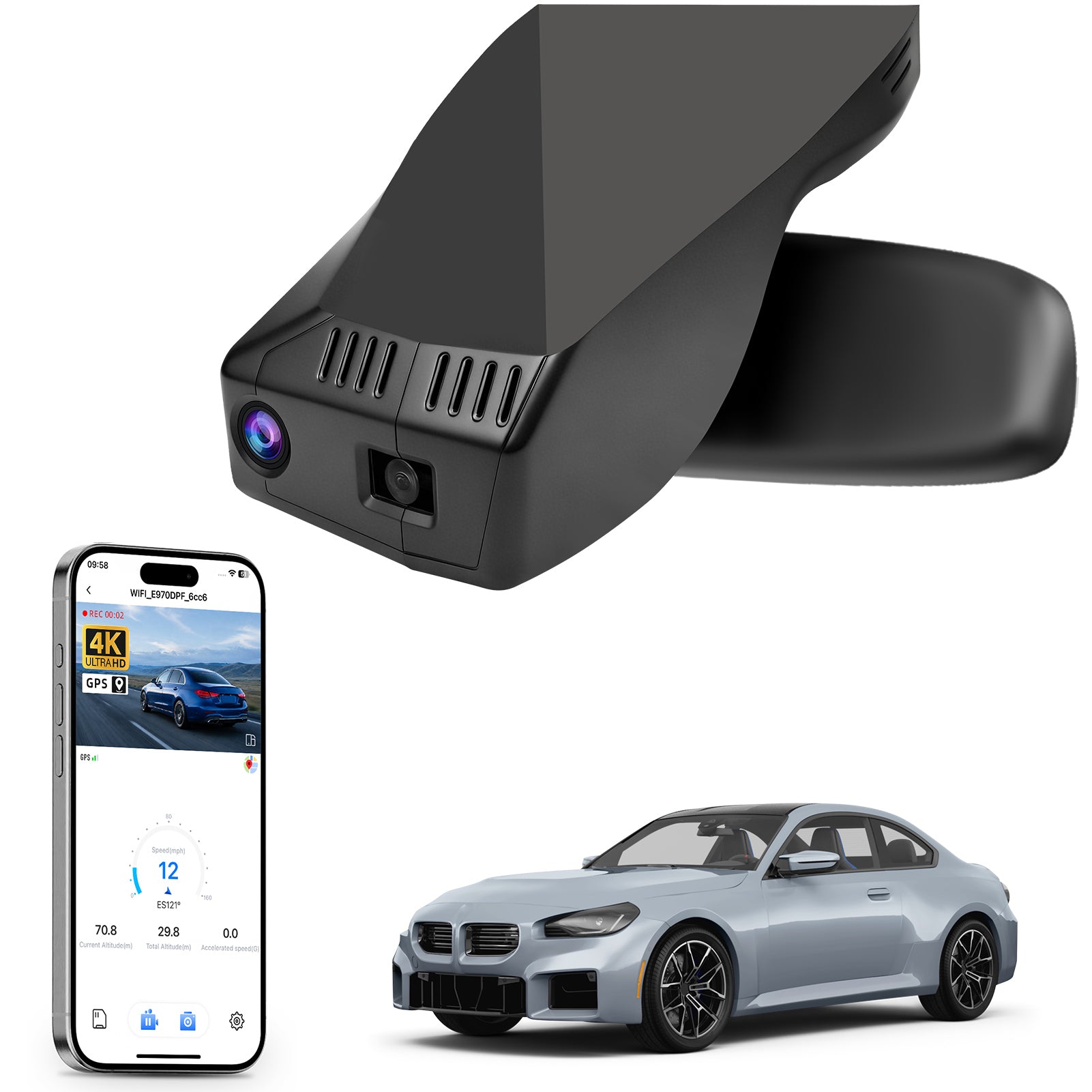 Mangoal rearview mirror built-in dash cam with smartphone app control, 4K Ultra HD recording, GPS tracking, and BMW 2 Series M2 models in the background.
