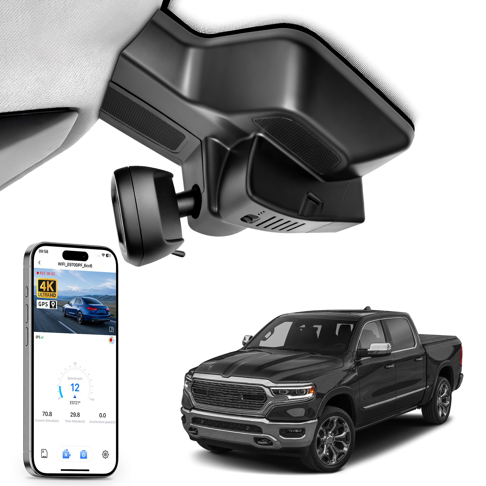 Mangoal rearview mirror built-in dash cam with smartphone app control, 4K Ultra HD recording, GPS tracking, and Dodge RAM models in the background.