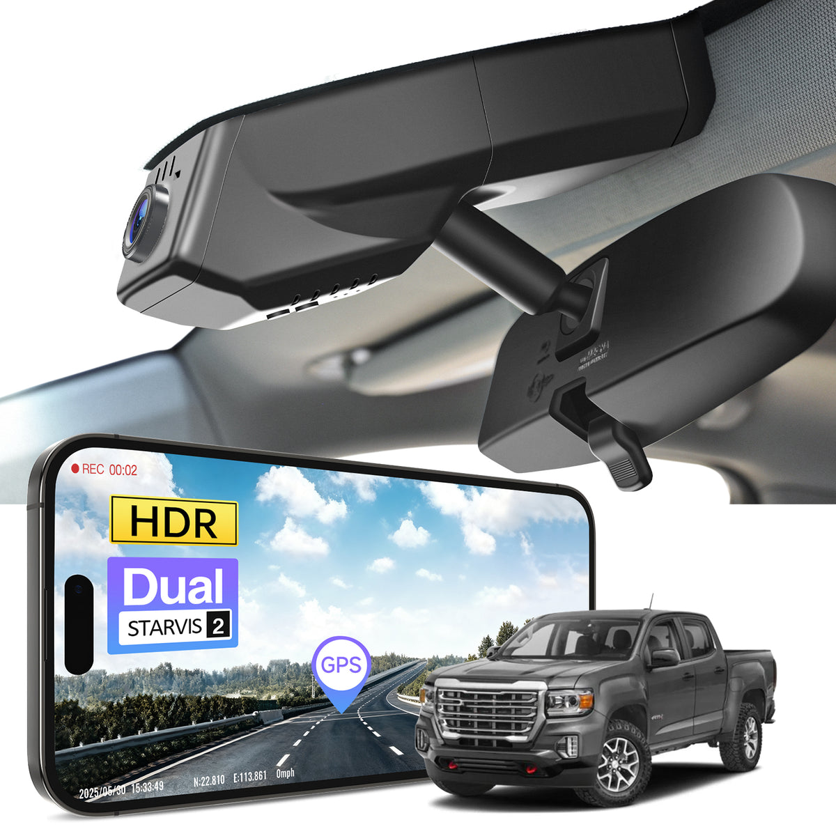 Car rearview mirror built-in dash cam with smartphone app control, 4K Ultra HD recording, GPS tracking and GMC Canyon models in the background.