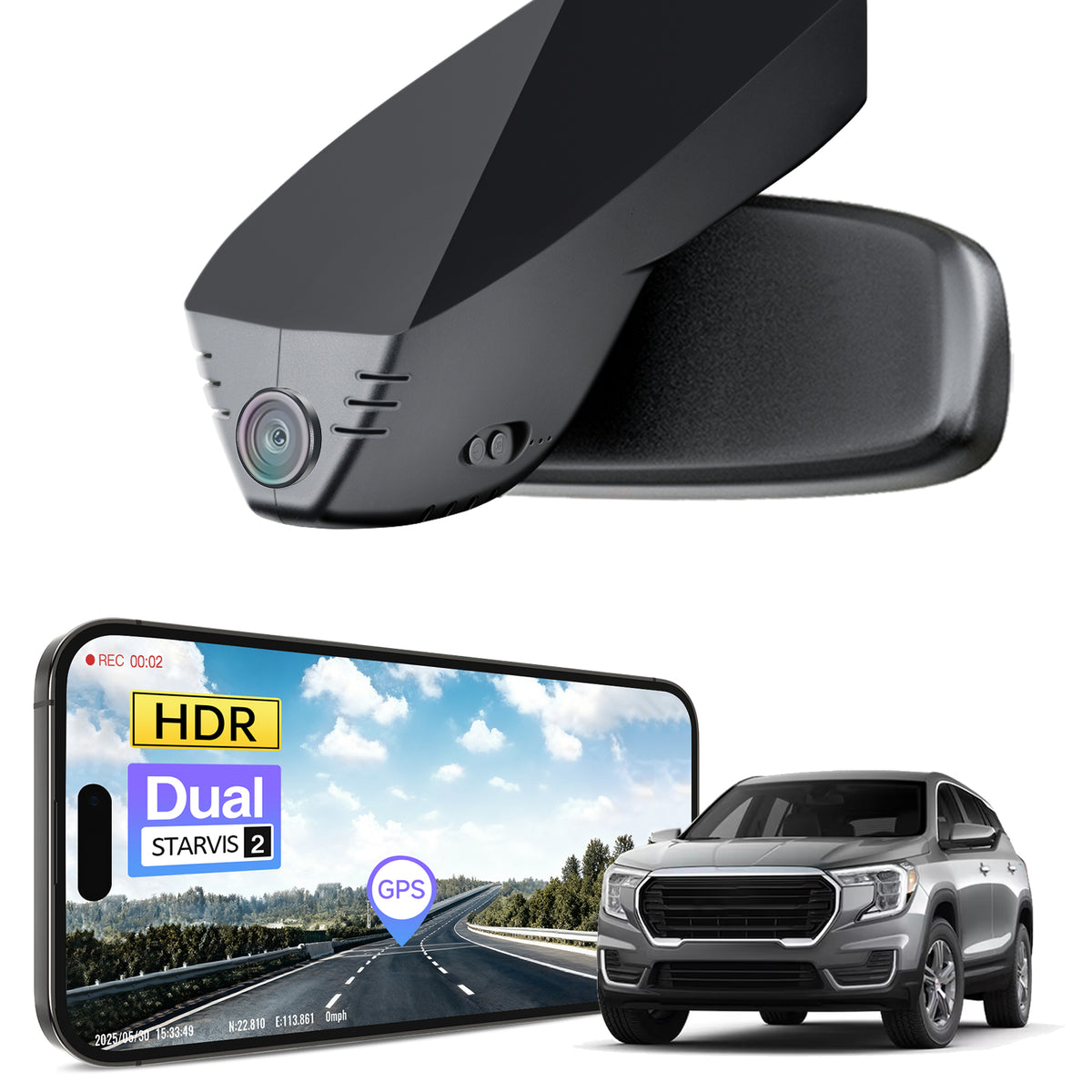 Car rearview mirror built-in dash cam with smartphone app control, 4K Ultra HD recording, GPS tracking and GMC Terrain models in the background.