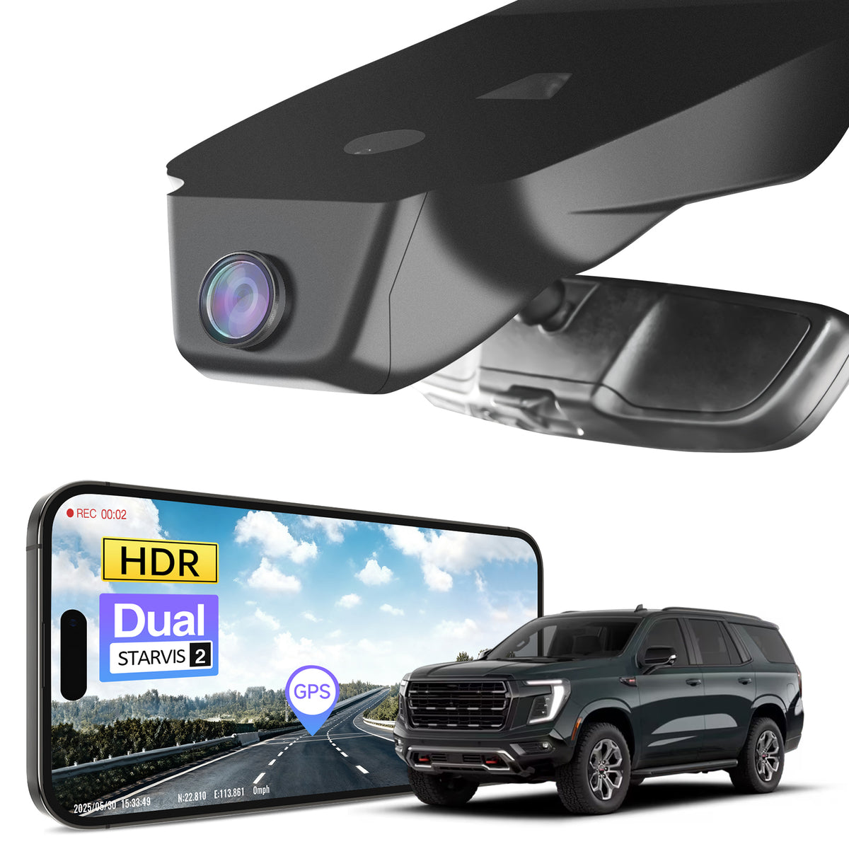 Car rearview mirror built-in dash cam with smartphone app control, 4K Ultra HD recording, GPS tracking and GMC Yukon models in the background.