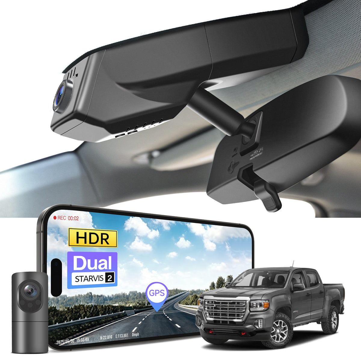 2 channel dash cam with dual STARVIS 2, features smartphone app control, 4K Ultra HD recording, GPS tracking, and GMC Canyon models in the background.
