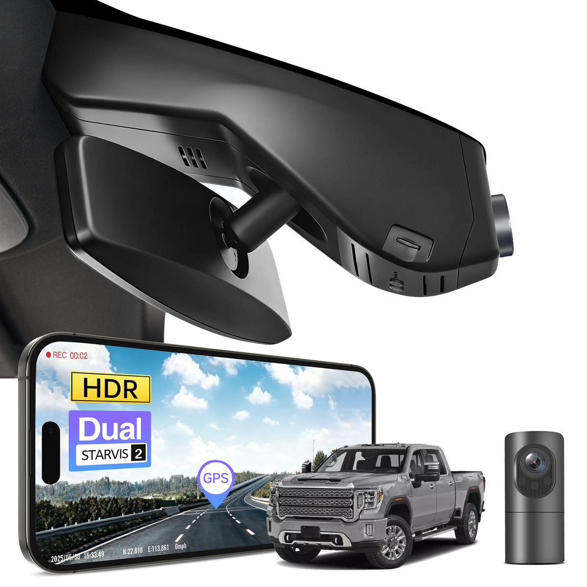 2 channel dash cam with dual STARVIS 2, features smartphone app control, 4K Ultra HD recording, GPS tracking, and GMC Sierra models in the background.