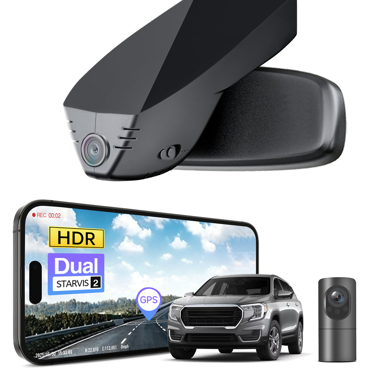 2 channel dash cam with dual STARVIS 2, features smartphone app control, 4K Ultra HD recording, GPS tracking, and GMC Terrain models in the background.