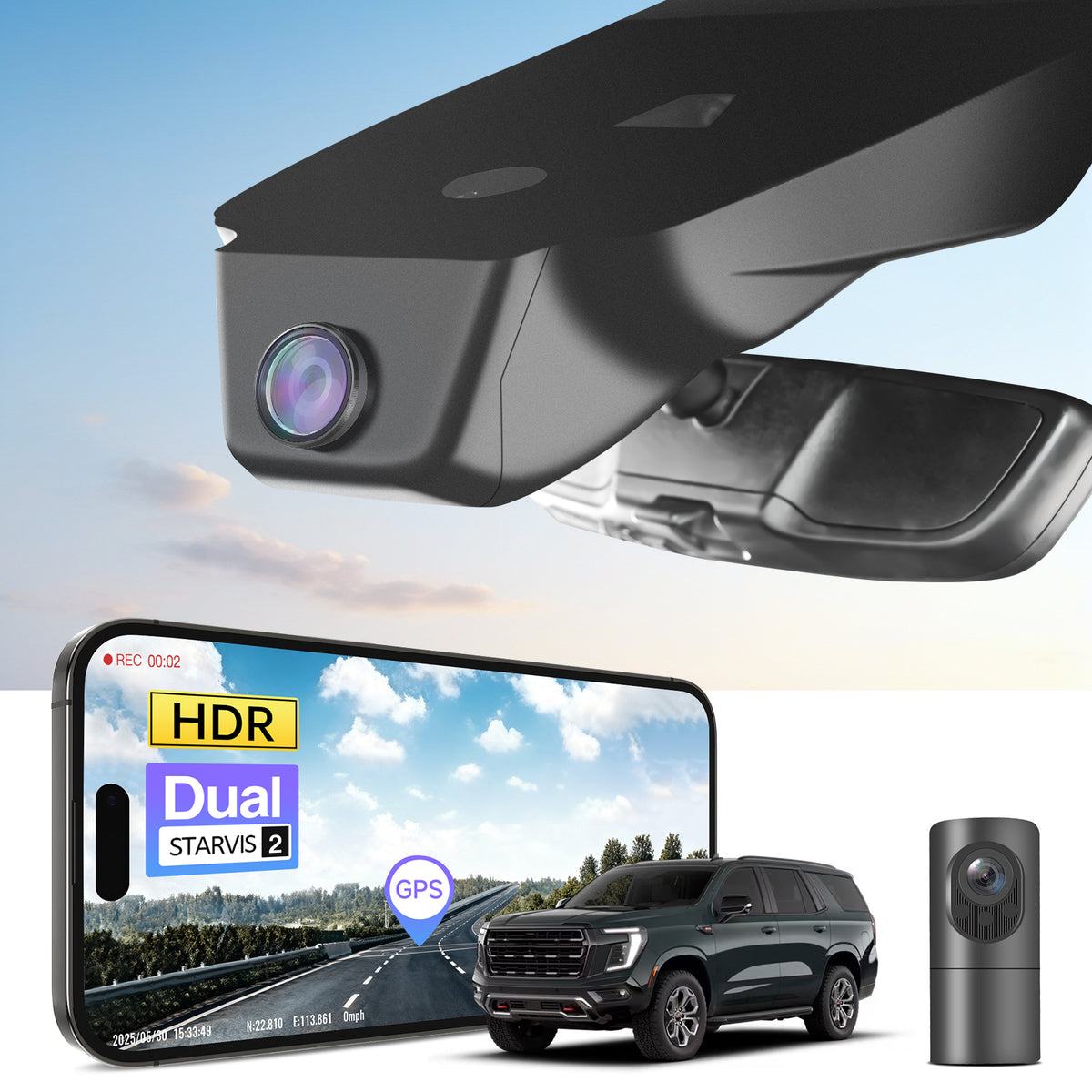 2 channel dash cam with dual STARVIS 2, features smartphone app control, 4K Ultra HD recording, GPS tracking, and GMC Yukon models in the background.