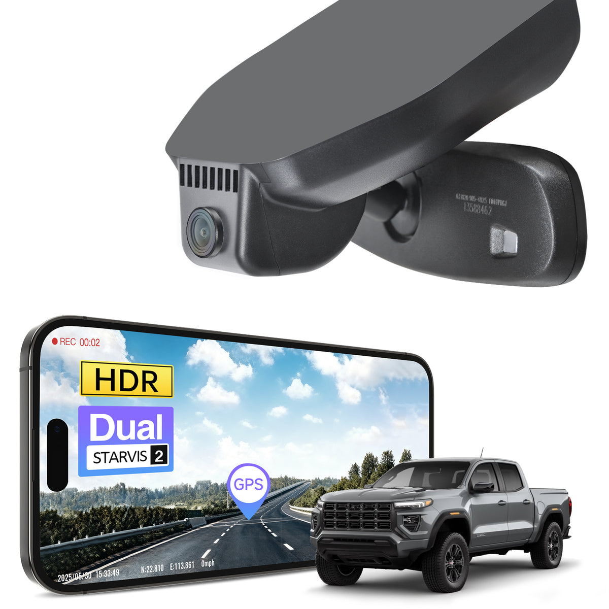 Car rearview mirror built-in dash cam with smartphone app control, 4K Ultra HD recording, GPS tracking and GMC Canyon models in the background.
