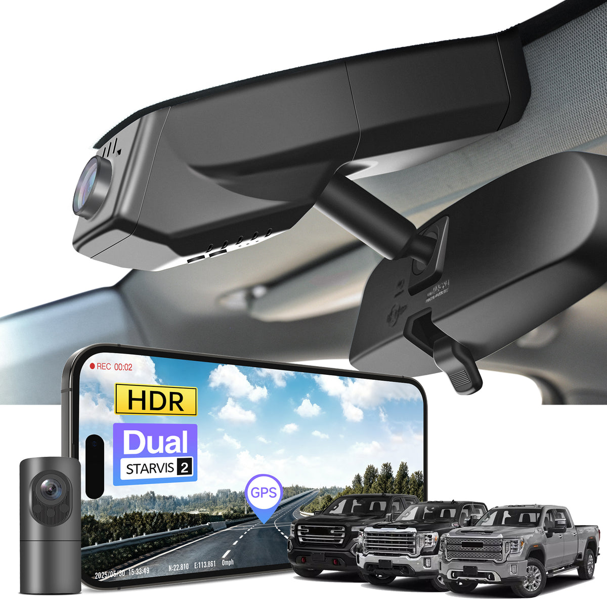 Car rearview mirror built-in dash cam with smartphone app control, 4K Ultra HD recording, GPS tracking and GMC Sierra models in the background.