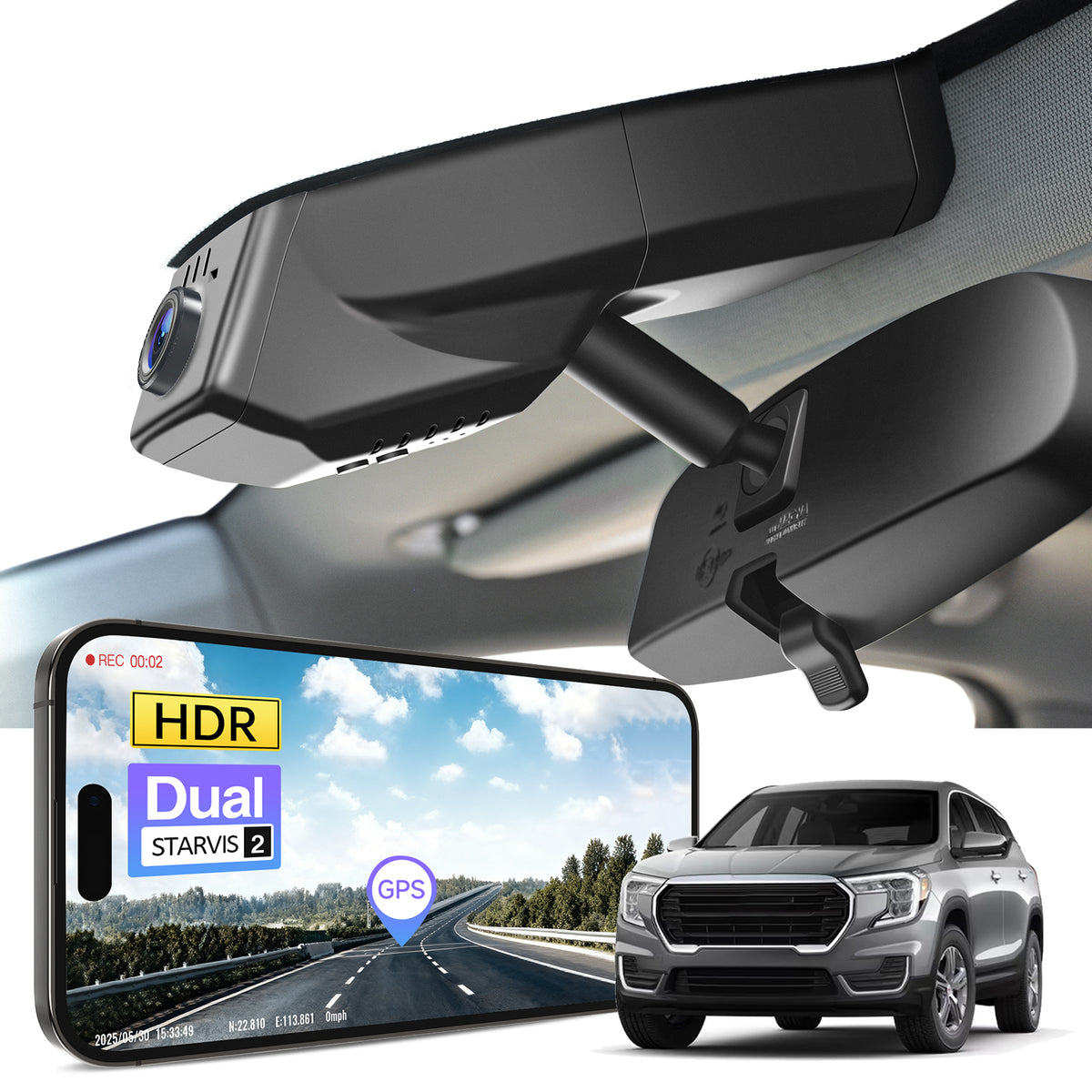 Car rearview mirror built-in dash cam with smartphone app control, 4K Ultra HD recording, GPS tracking and GMC Terrain models in the background.