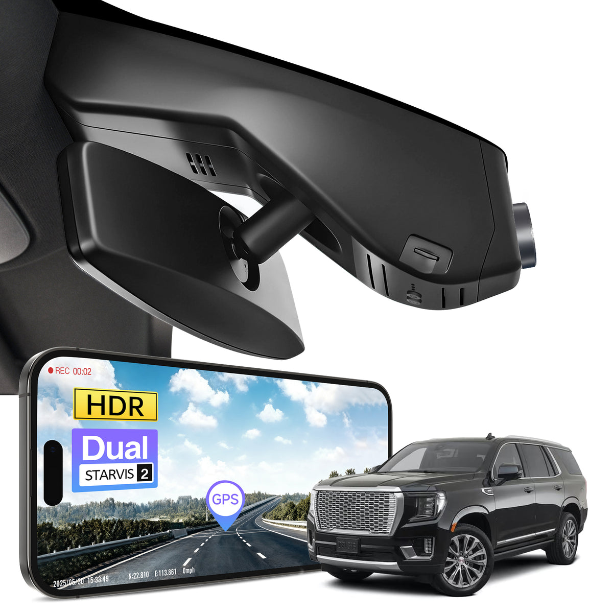 Car rearview mirror built-in dash cam with smartphone app control, 4K Ultra HD recording, GPS tracking and GMC Yukon models in the background.