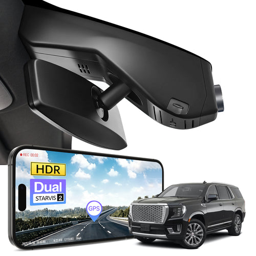 Car rearview mirror built-in dash cam with smartphone app control, 4K Ultra HD recording, GPS tracking and GMC Yukon models in the background.