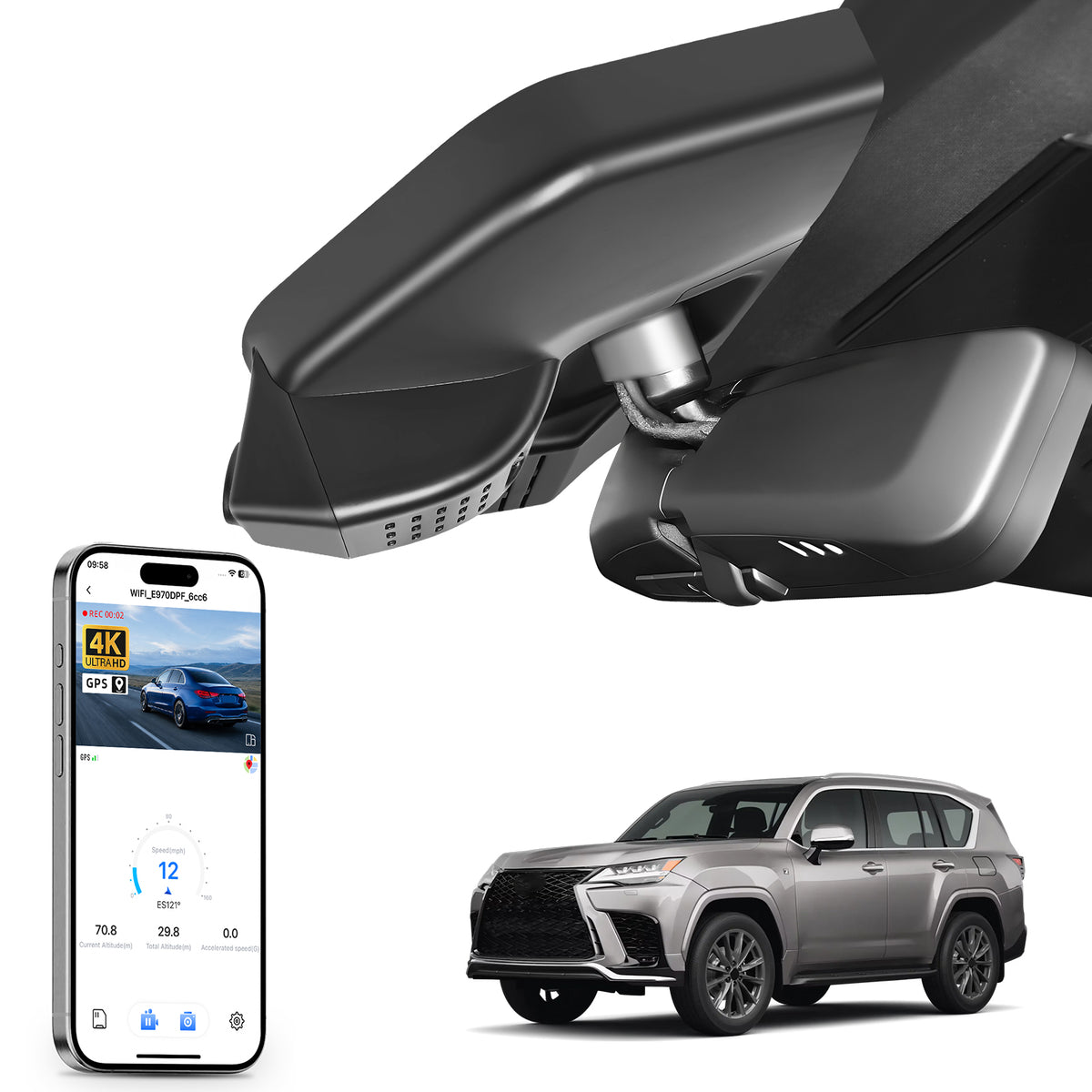 Mangoal rearview mirror built-in dash cam with smartphone app control, 4K Ultra HD recording, GPS tracking and Lexus LX models in the background.