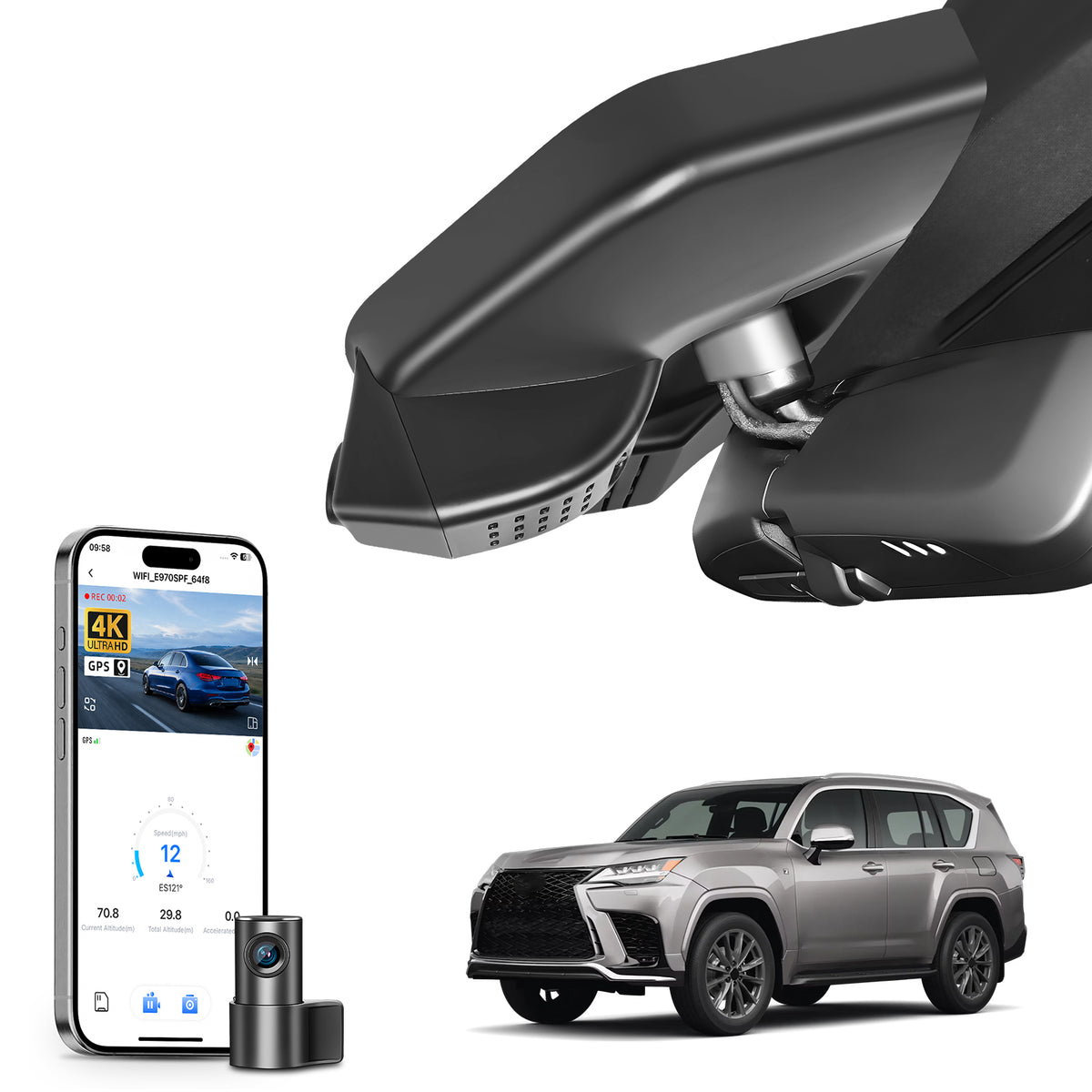 Mangoal 2 channel dash cam with STARVIS sensor, features smartphone app control, front 4K UHD and rear Full HD recording, GPS tracking and Lexus LX models in the background.