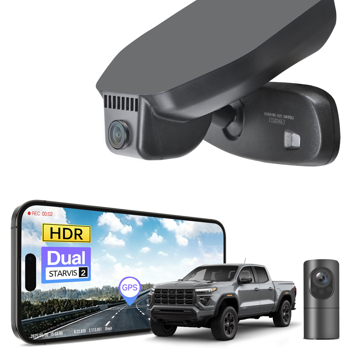 2 channel dash cam with dual STARVIS 2, features smartphone app control, 4K Ultra HD recording, GPS tracking, and GMC Canyon models in the background.