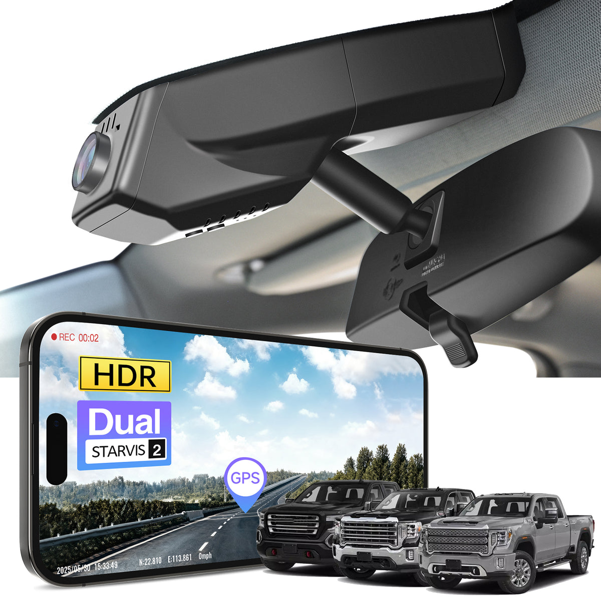 2 channel dash cam with dual STARVIS 2, features smartphone app control, 4K Ultra HD recording, GPS tracking, and GMC Sierra models in the background.