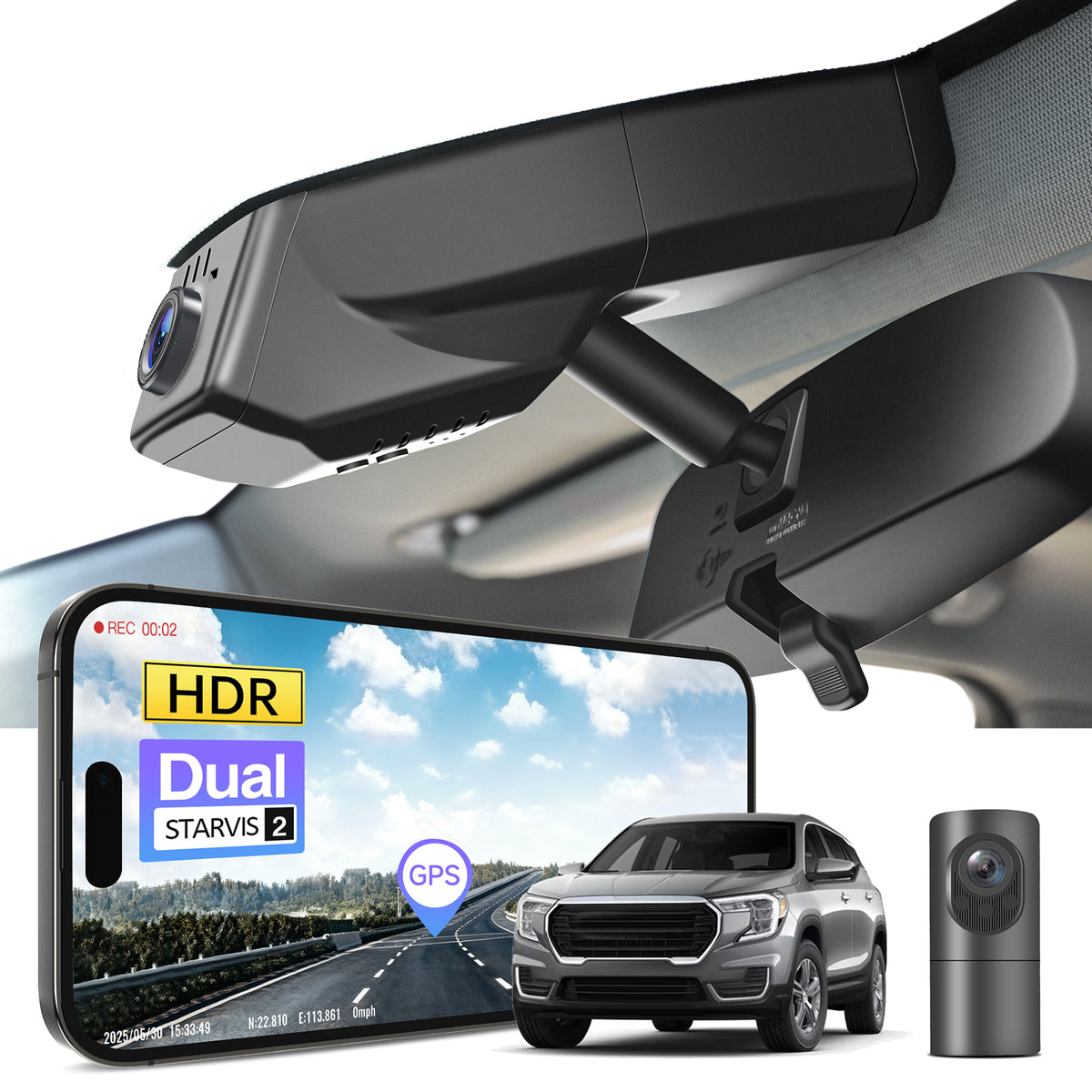 2 channel dash cam with dual STARVIS 2, features smartphone app control, 4K Ultra HD recording, GPS tracking, and GMC Terrain models in the background.