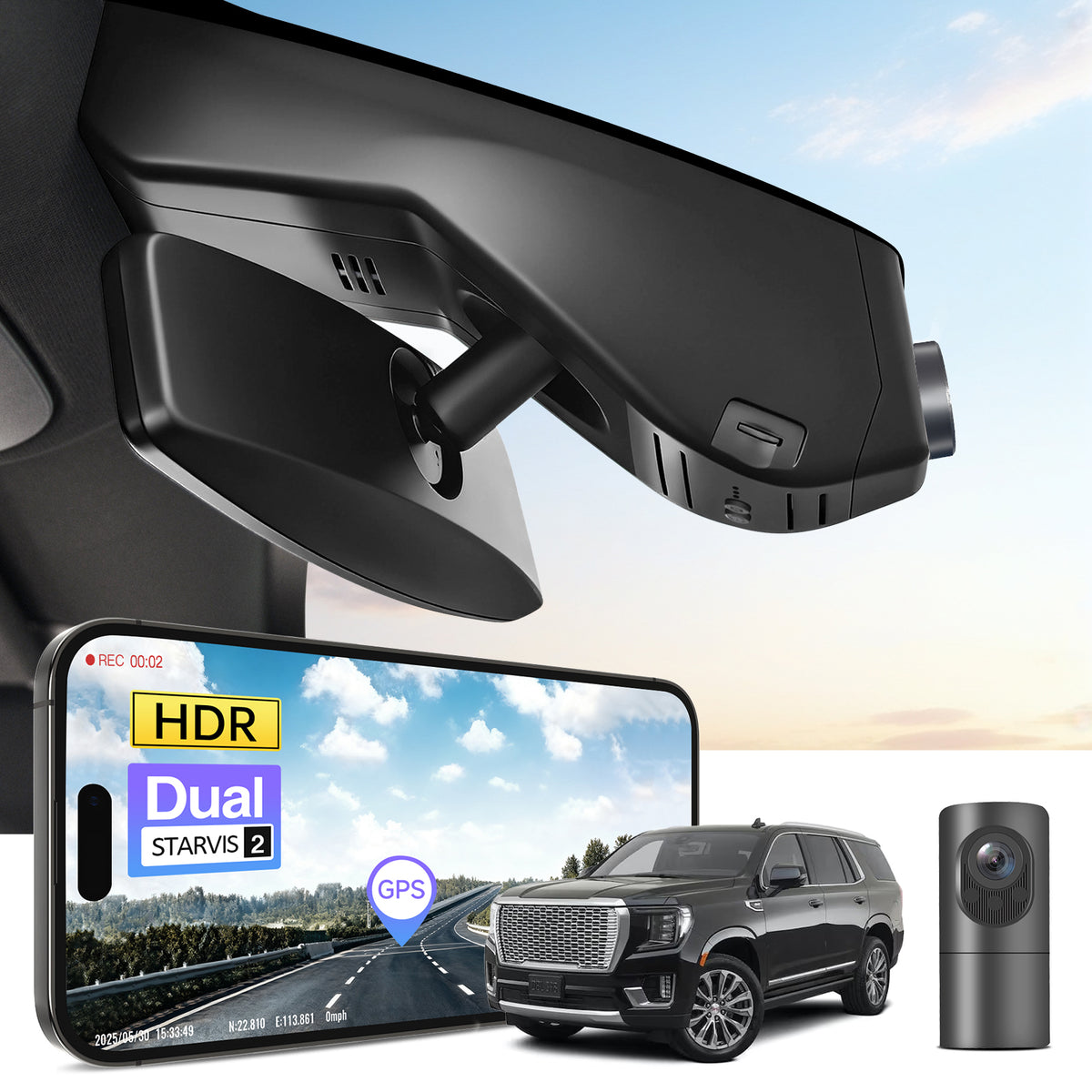 2 channel dash cam with dual STARVIS 2, features smartphone app control, 4K Ultra HD recording, GPS tracking, and GMC Yukon models in the background.