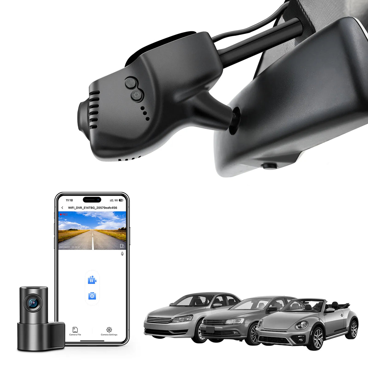 2 channel dash cam with dual STARVIS 2, features smartphone app control, 4K Ultra HD recording, GPS tracking, and Volkswagen Vehicle models in the background.