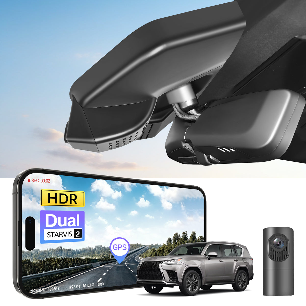 2 channel dash cam with dual STARVIS 2, features smartphone app control, 4K Ultra HD recording, GPS tracking, and Lexus LX models in the background.