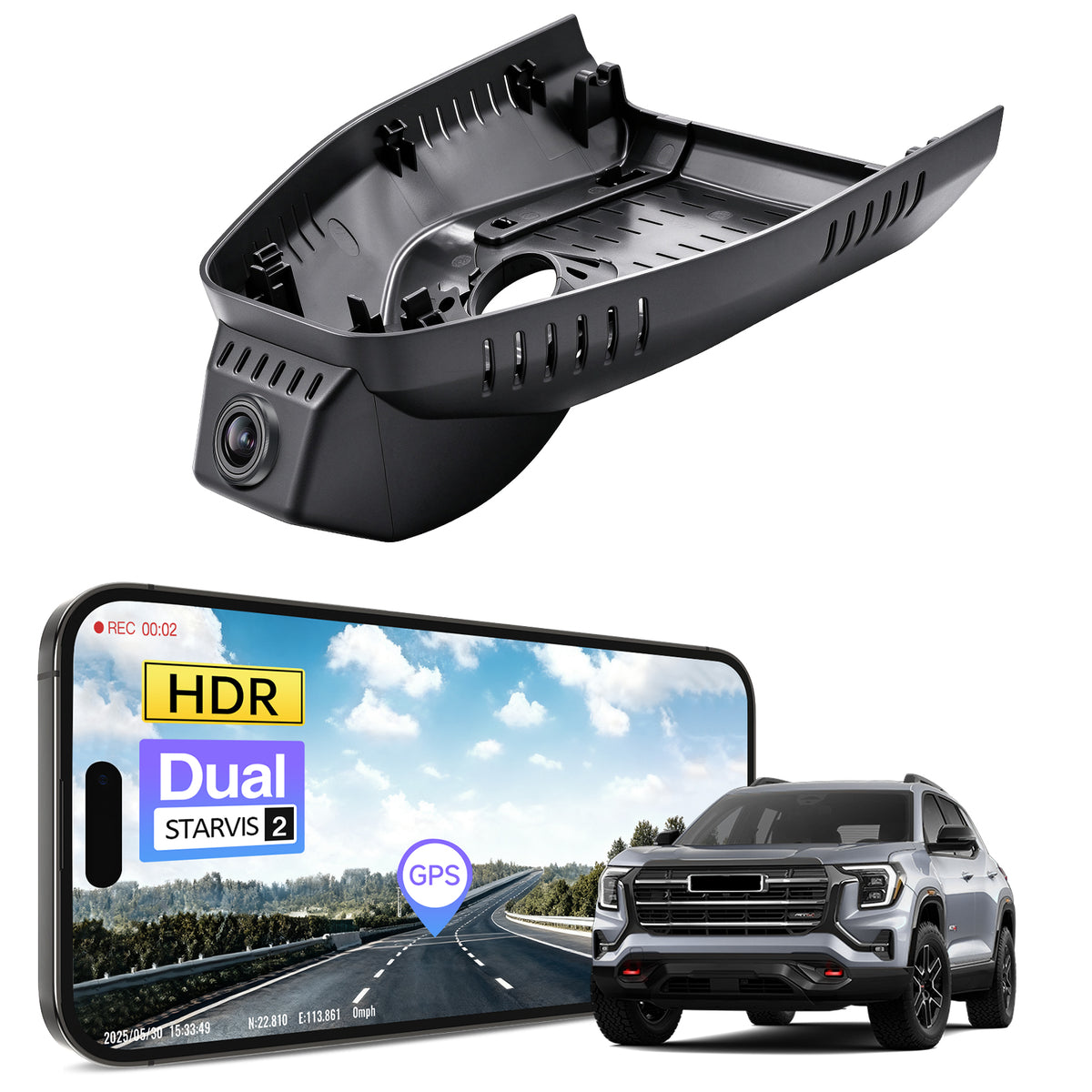 Car rearview mirror built-in dash cam with smartphone app control, 4K Ultra HD recording, GPS tracking and GMC Terrain models in the background.