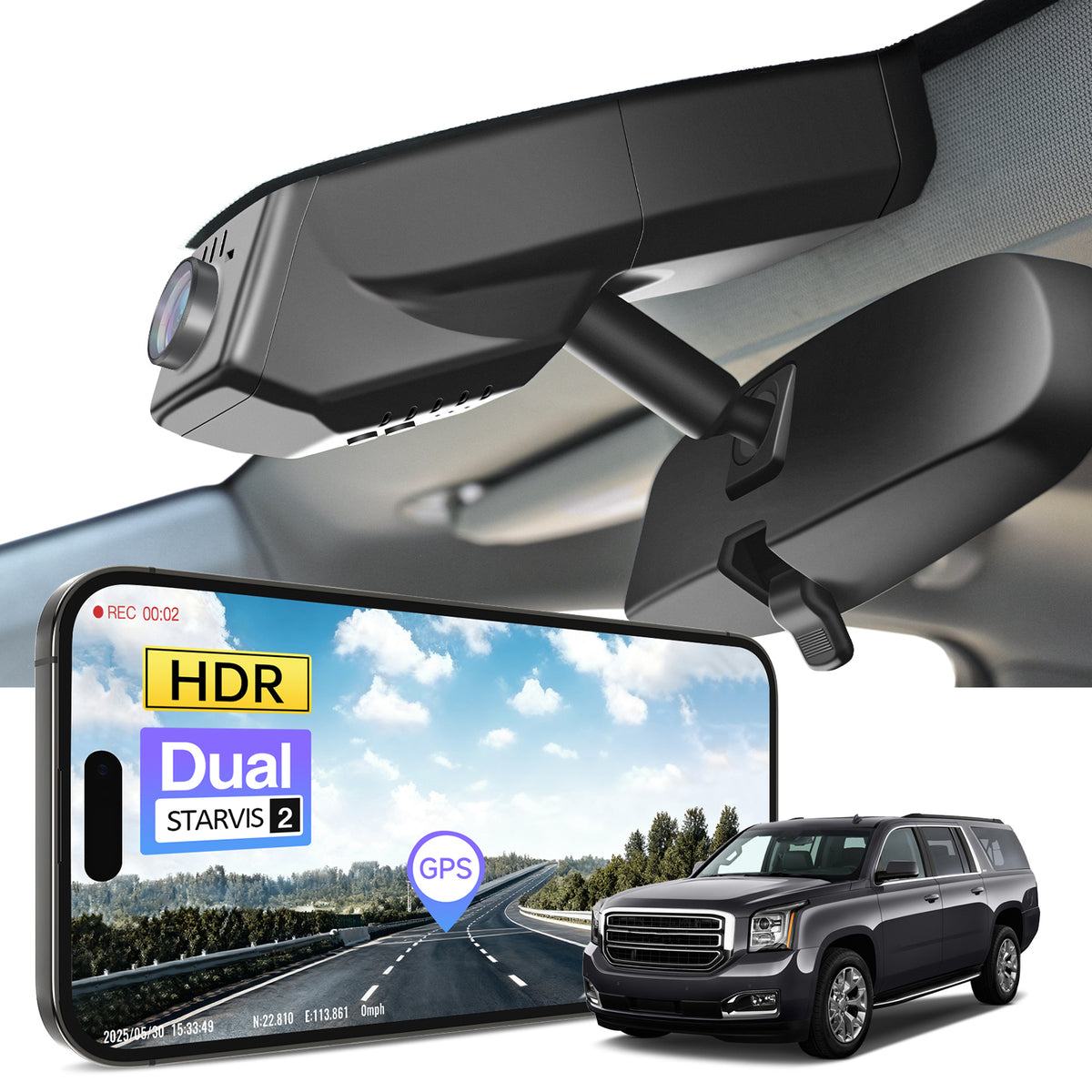 Car rearview mirror built-in dash cam with smartphone app control, 4K Ultra HD recording, GPS tracking and GMC Yukon models in the background.