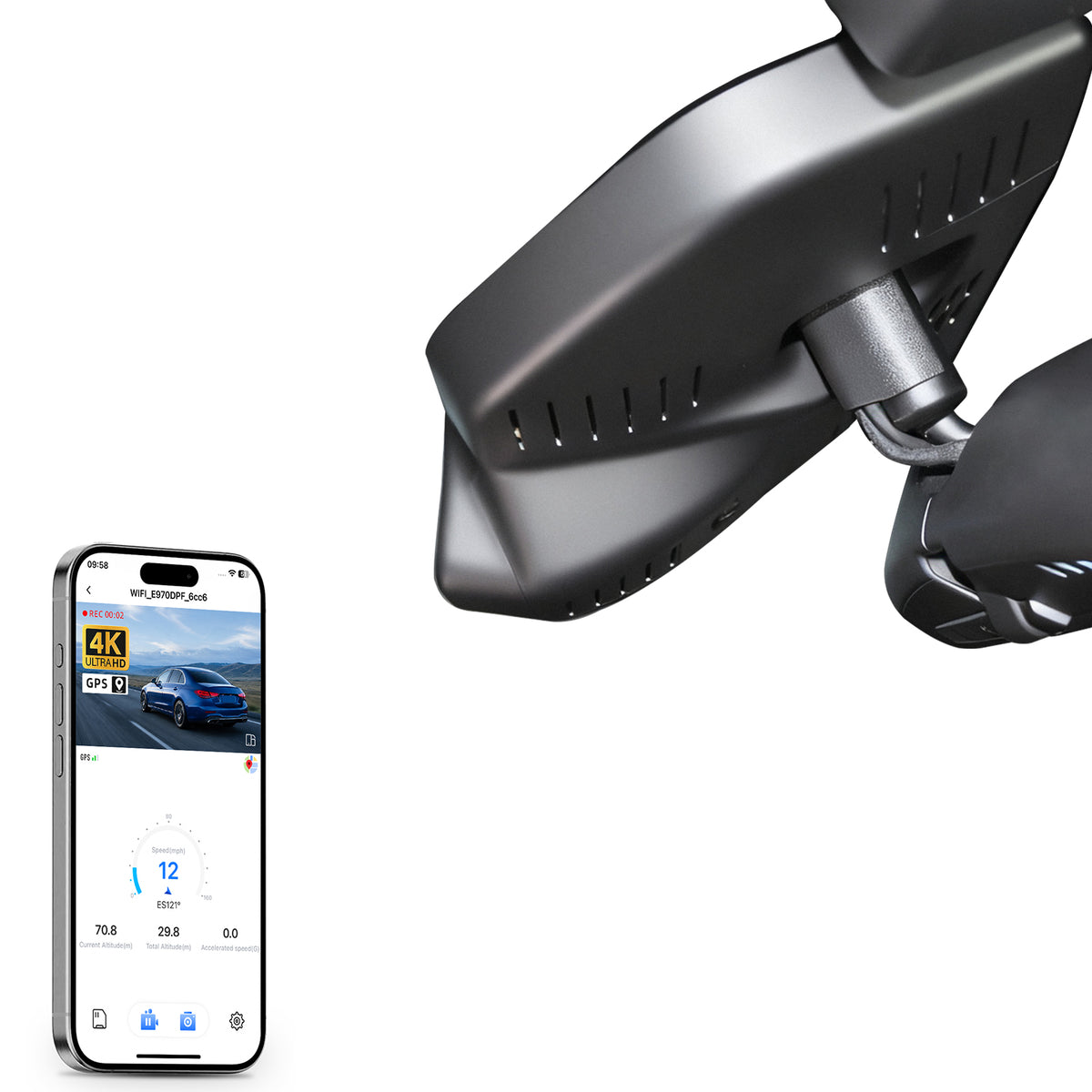 Mangoal rearview mirror built-in dash cam with smartphone app control, 4K Ultra HD recording, GPS tracking and Lexus LX models in the background.