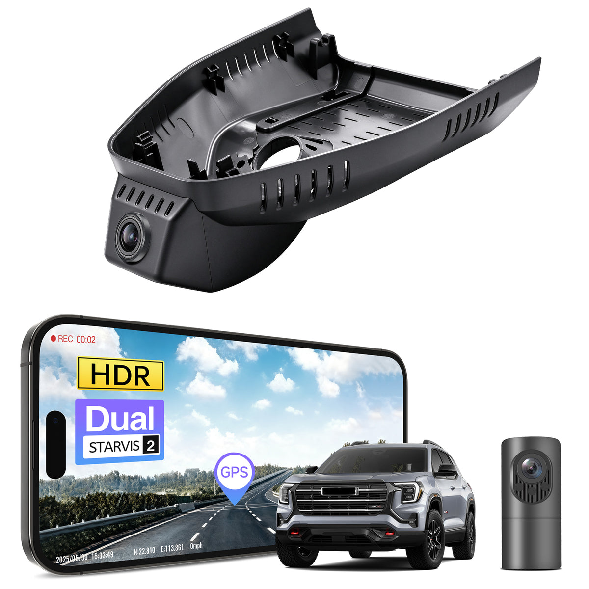 2 channel dash cam with dual STARVIS 2, features smartphone app control, 4K Ultra HD recording, GPS tracking, and GMC Terrain models in the background.
