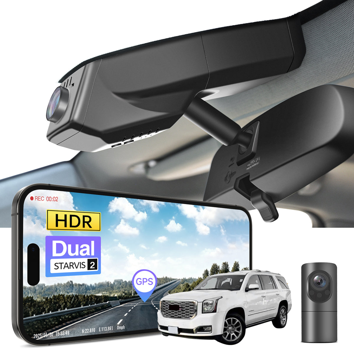 2 channel dash cam with dual STARVIS 2, features smartphone app control, 4K Ultra HD recording, GPS tracking, and GMC Yukon models in the background.