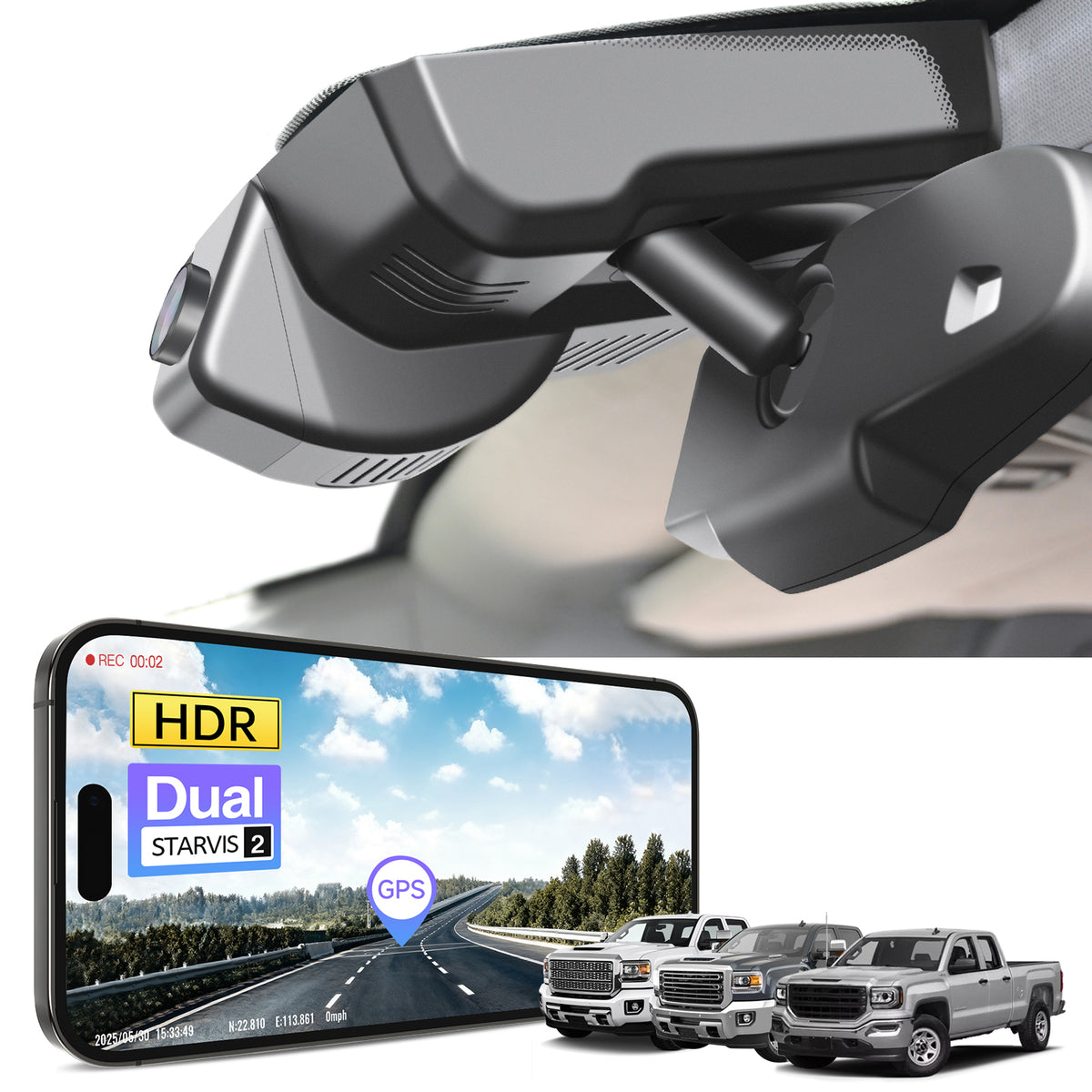 Car rearview mirror built-in dash cam with smartphone app control, 4K Ultra HD recording, GPS tracking and GMC Sierra models in the background.
