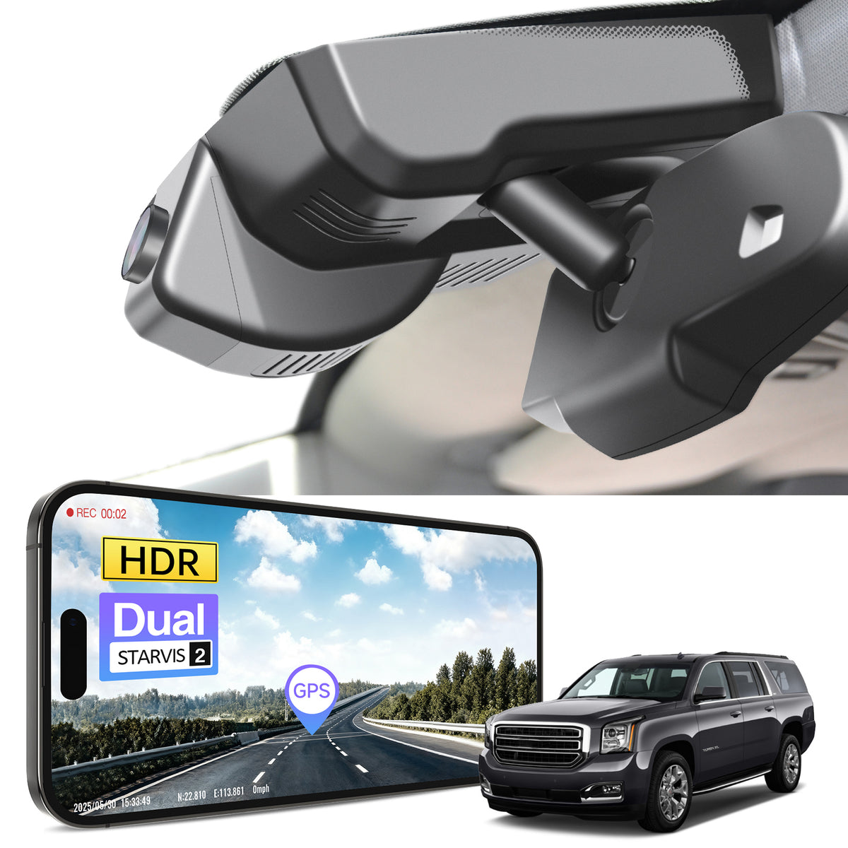 Car rearview mirror built-in dash cam with smartphone app control, 4K Ultra HD recording, GPS tracking and GMC Yukon models in the background.